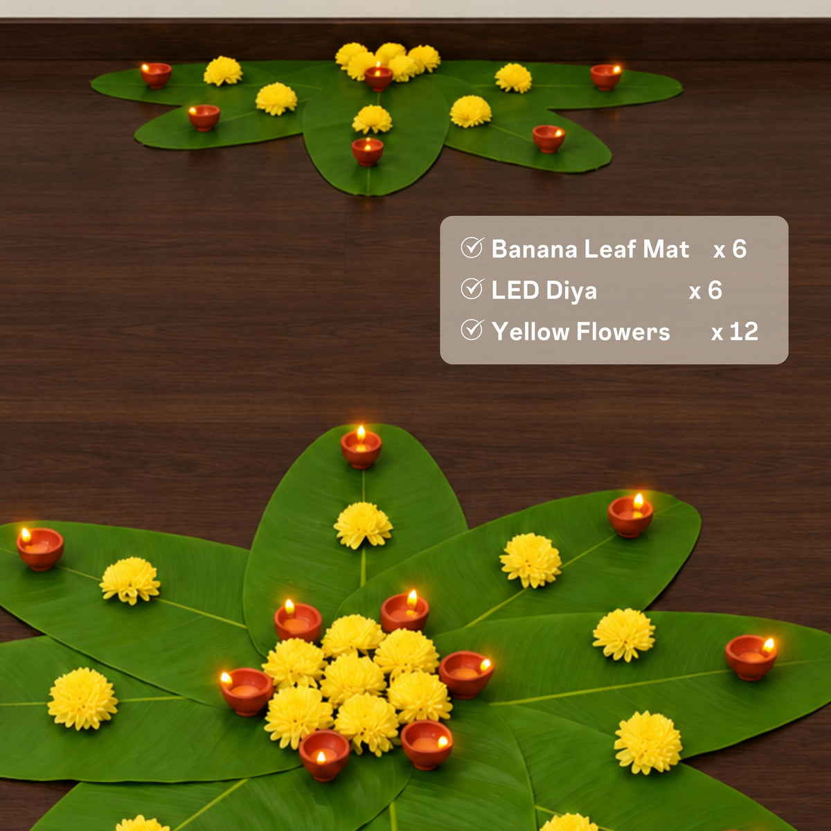 Diwali Rangoli Kit contents, six banana leaf mats, six LED diyas and twelve yellow flowers