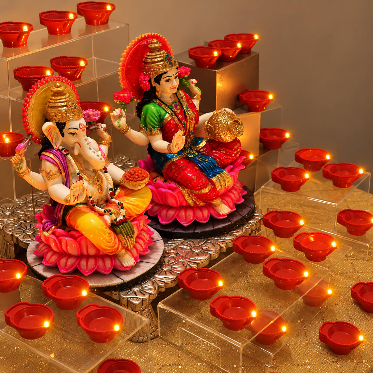 Close view of the red LED diyas and their flickering flame, raised on clear risers