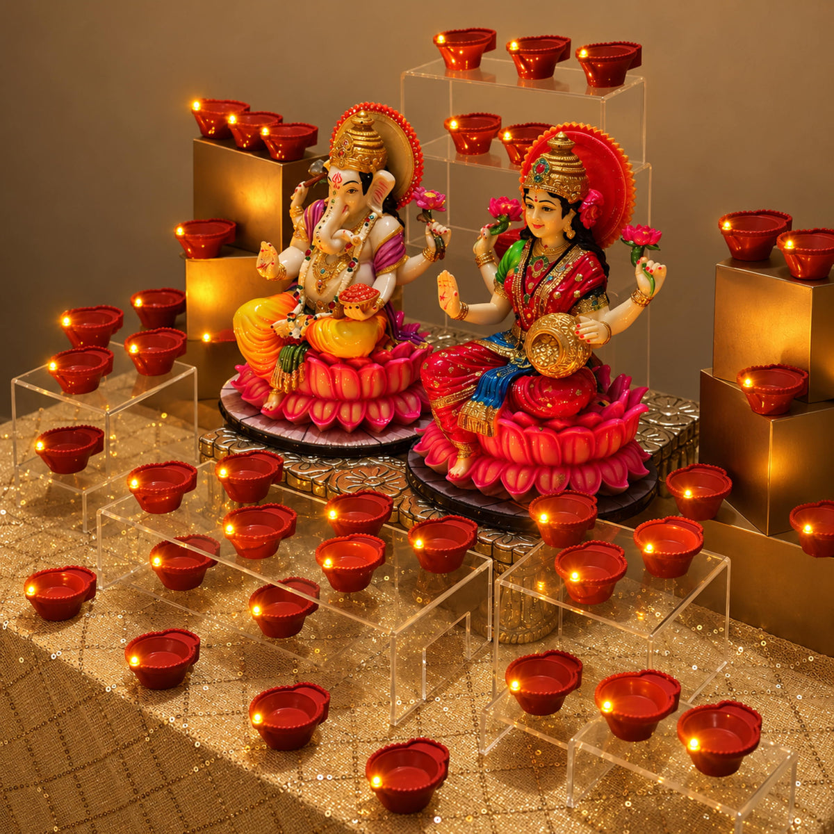 LED diyas lined along the front of the pooja table and stepped up at the sides