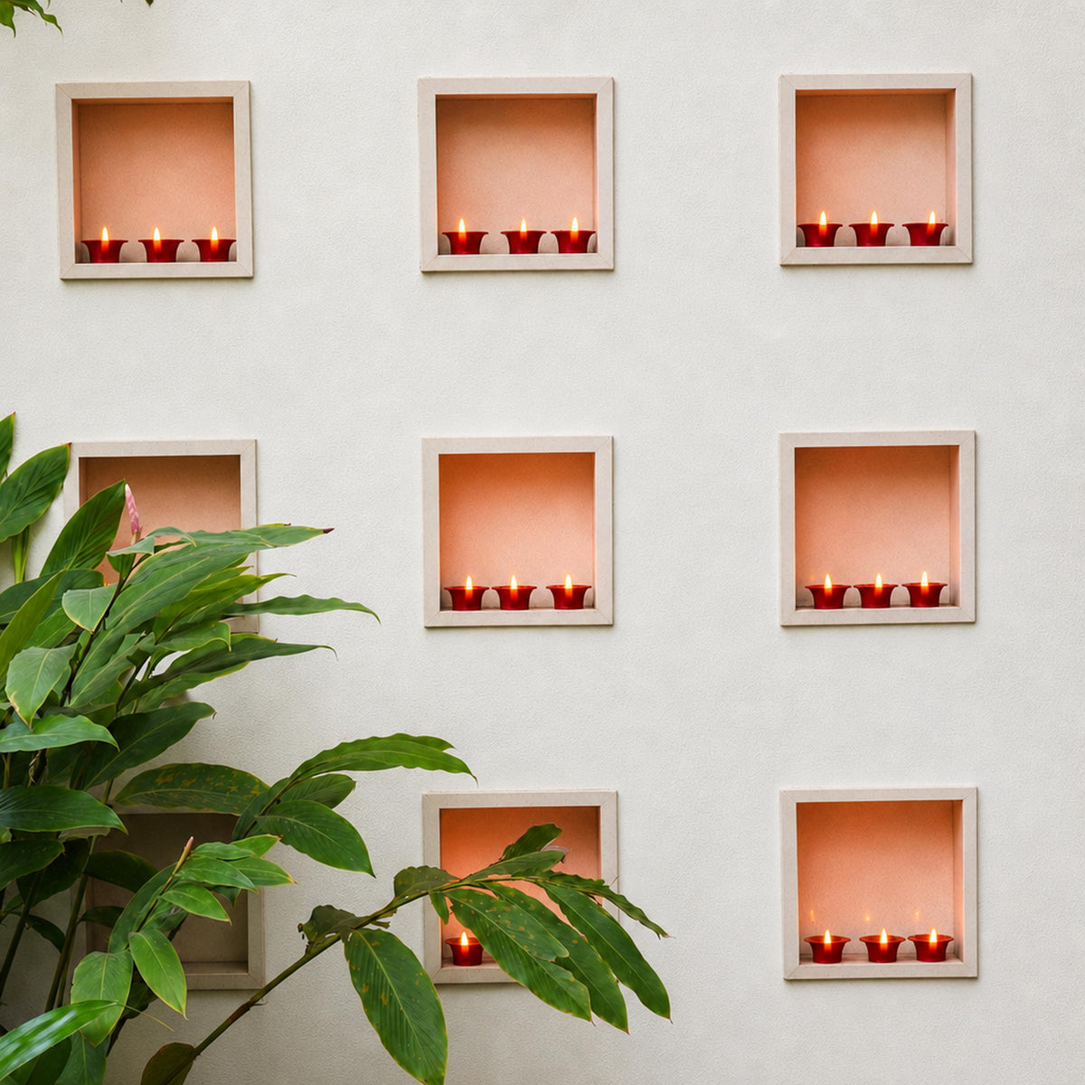 Big flame LED diyas set three to a niche across a wall of alcoves