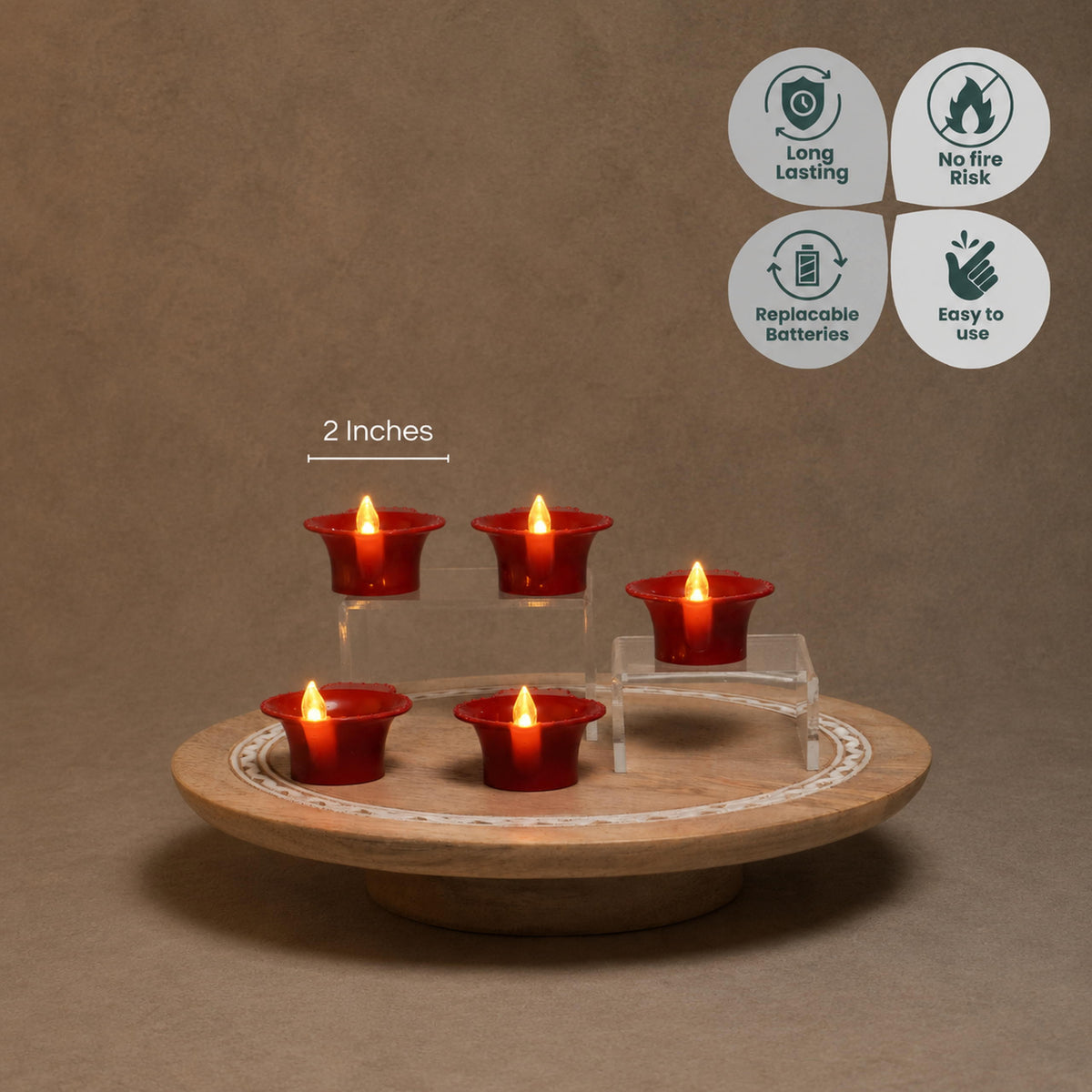 Big flame LED diya is 2 inches wide, long lasting, no fire risk, replaceable batteries and easy to use