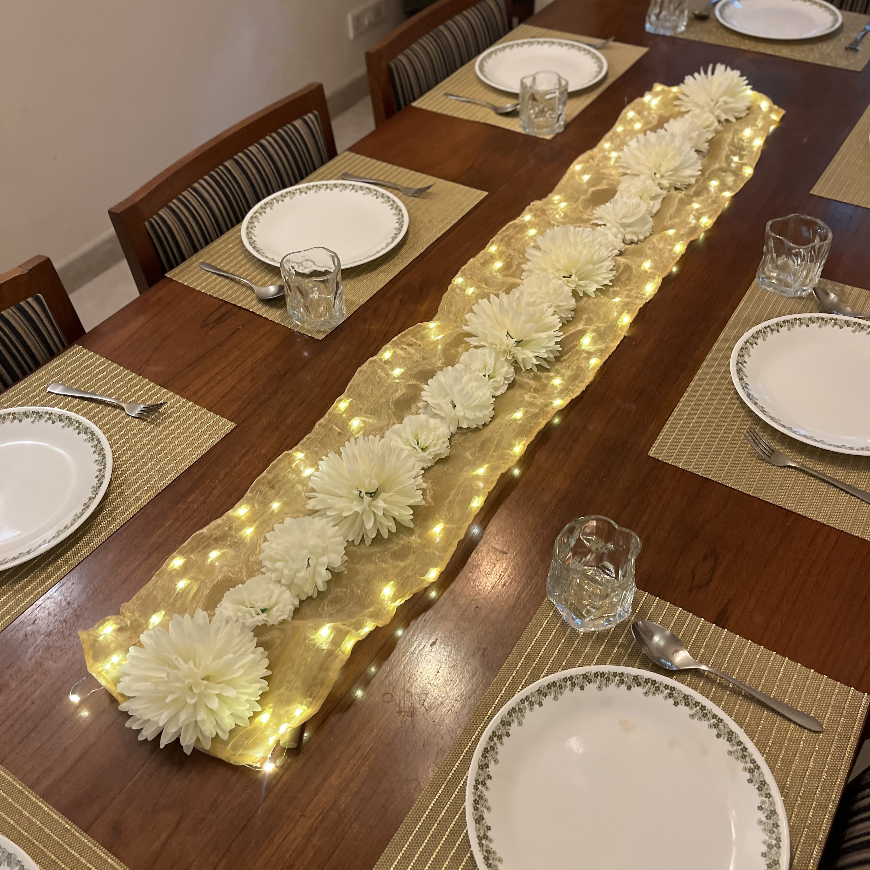 Floral Runner with Organza Fabric and Fairy Lights (Battery Operated) - 62inch length