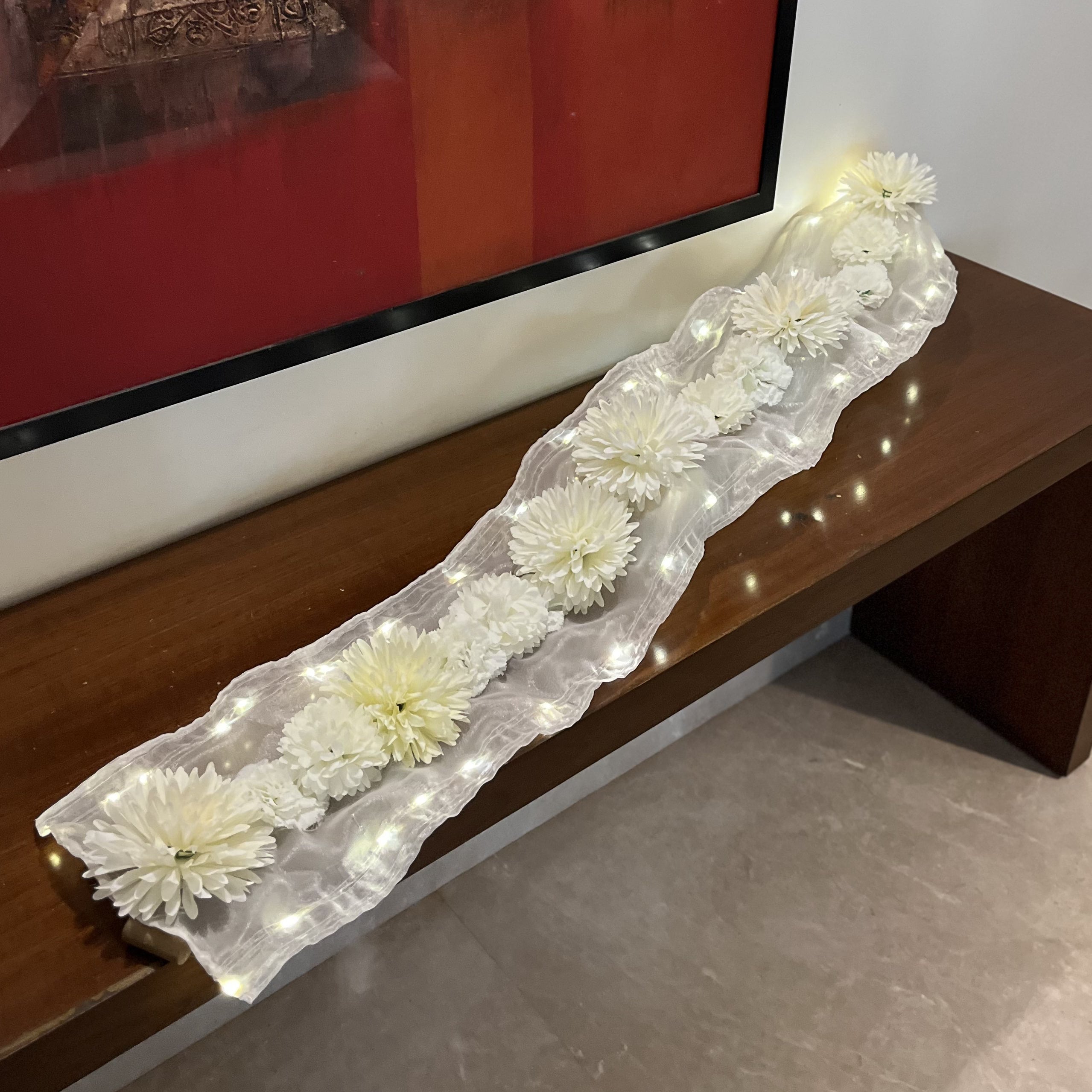 Floral Runner with Organza Fabric and Fairy Lights (Battery Operated) - 62inch length
