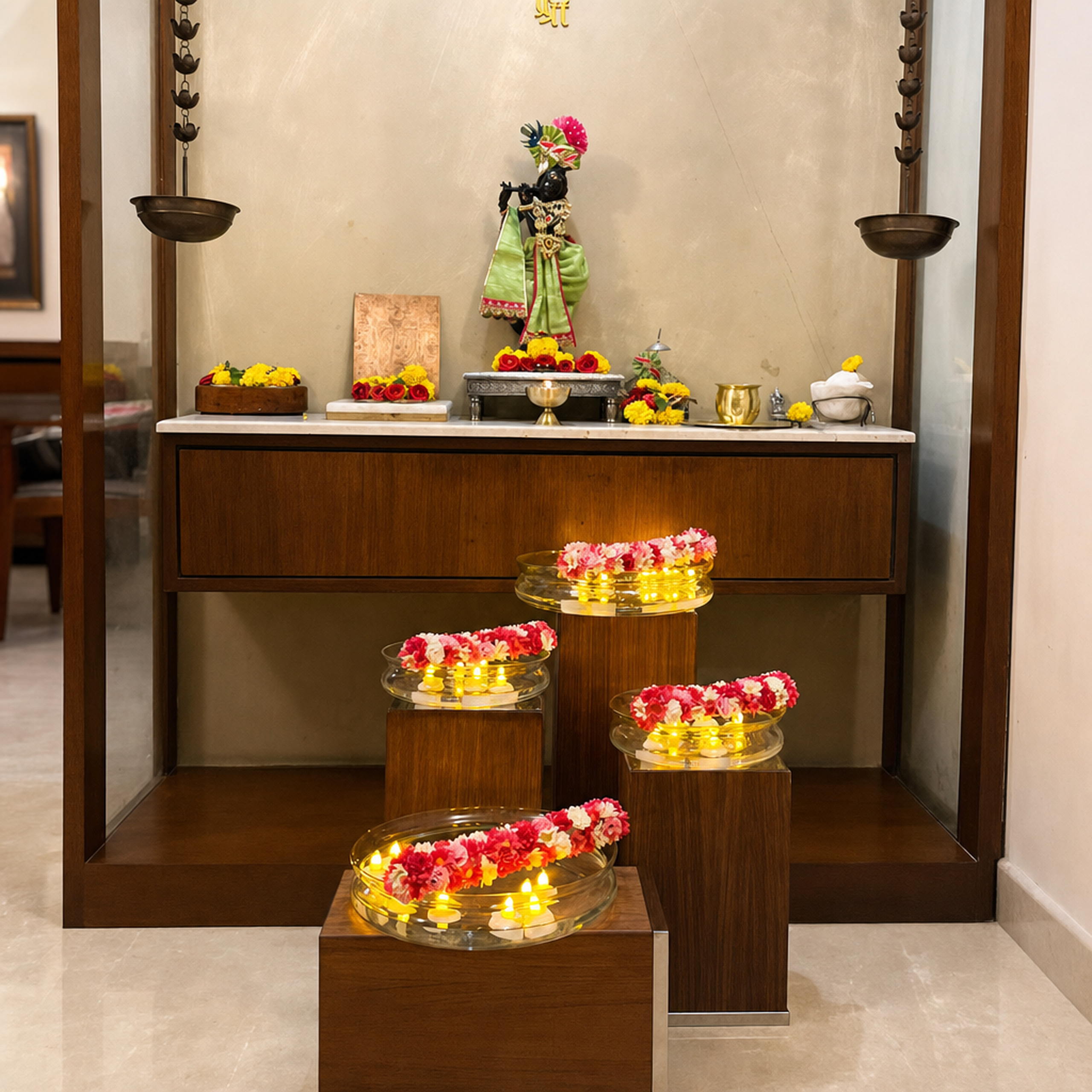 Glass Urli with Artificial Flowers and LED Floating Candles