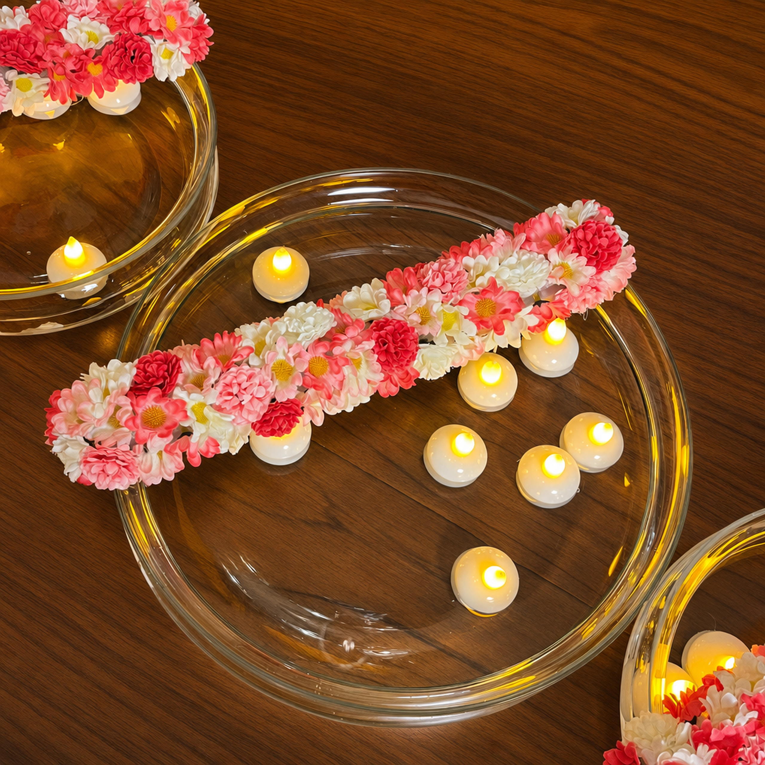 Glass Urli with Artificial Flowers and LED Floating Candles
