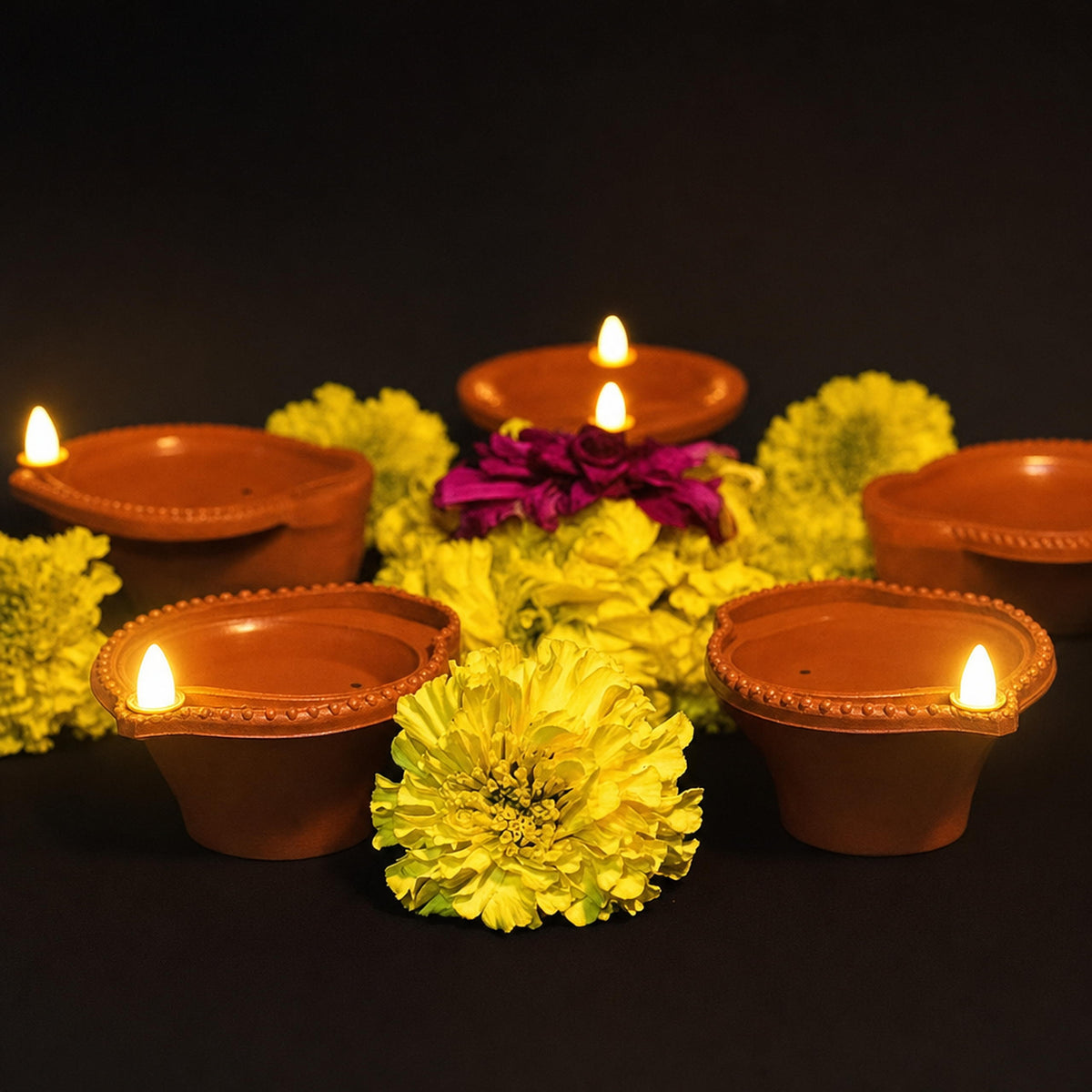 Close view of a flameless LED diya