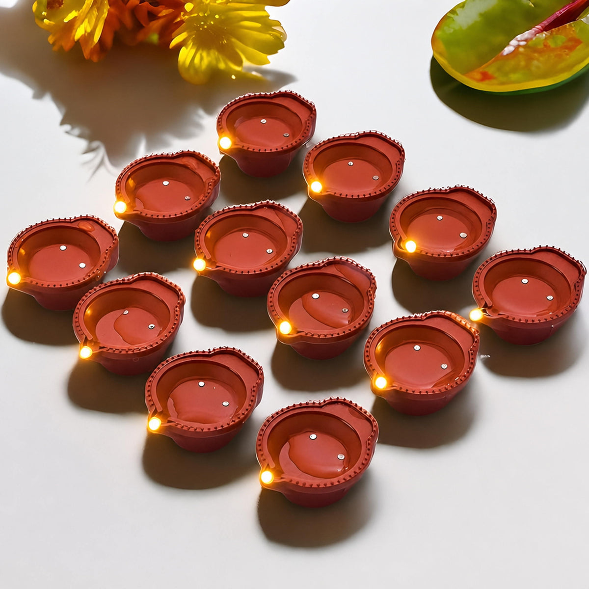 Close view of a flameless LED diya