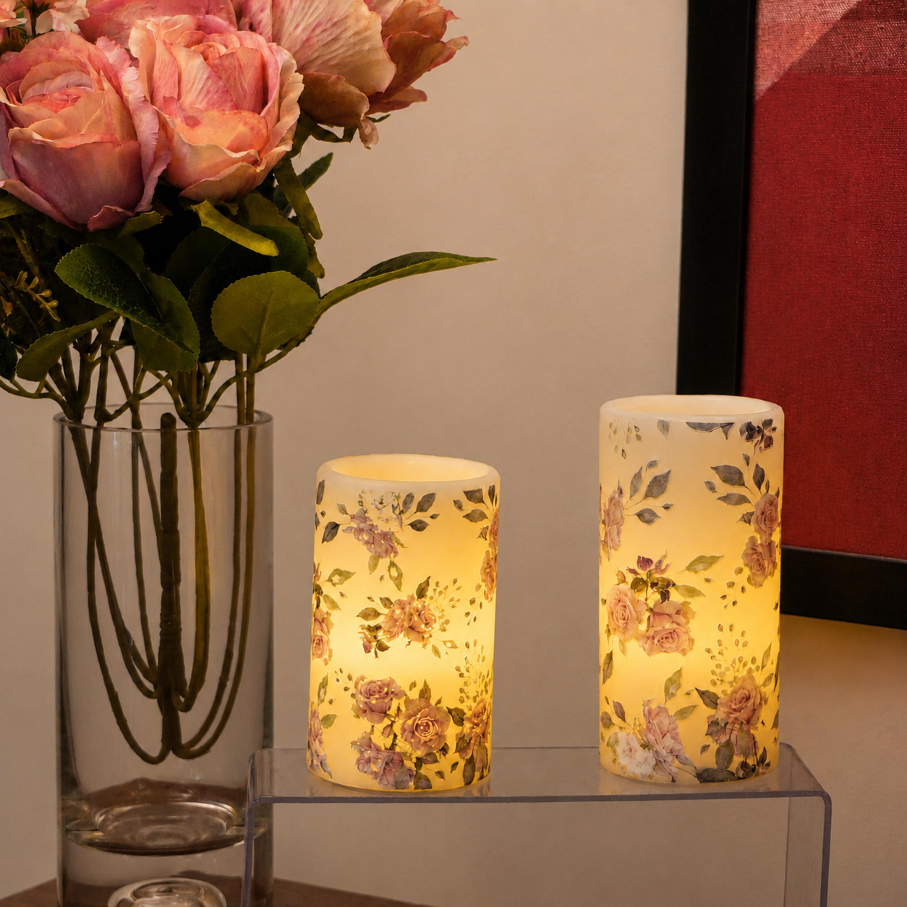 LED Floral Printed Wax Coated Pillar Candle