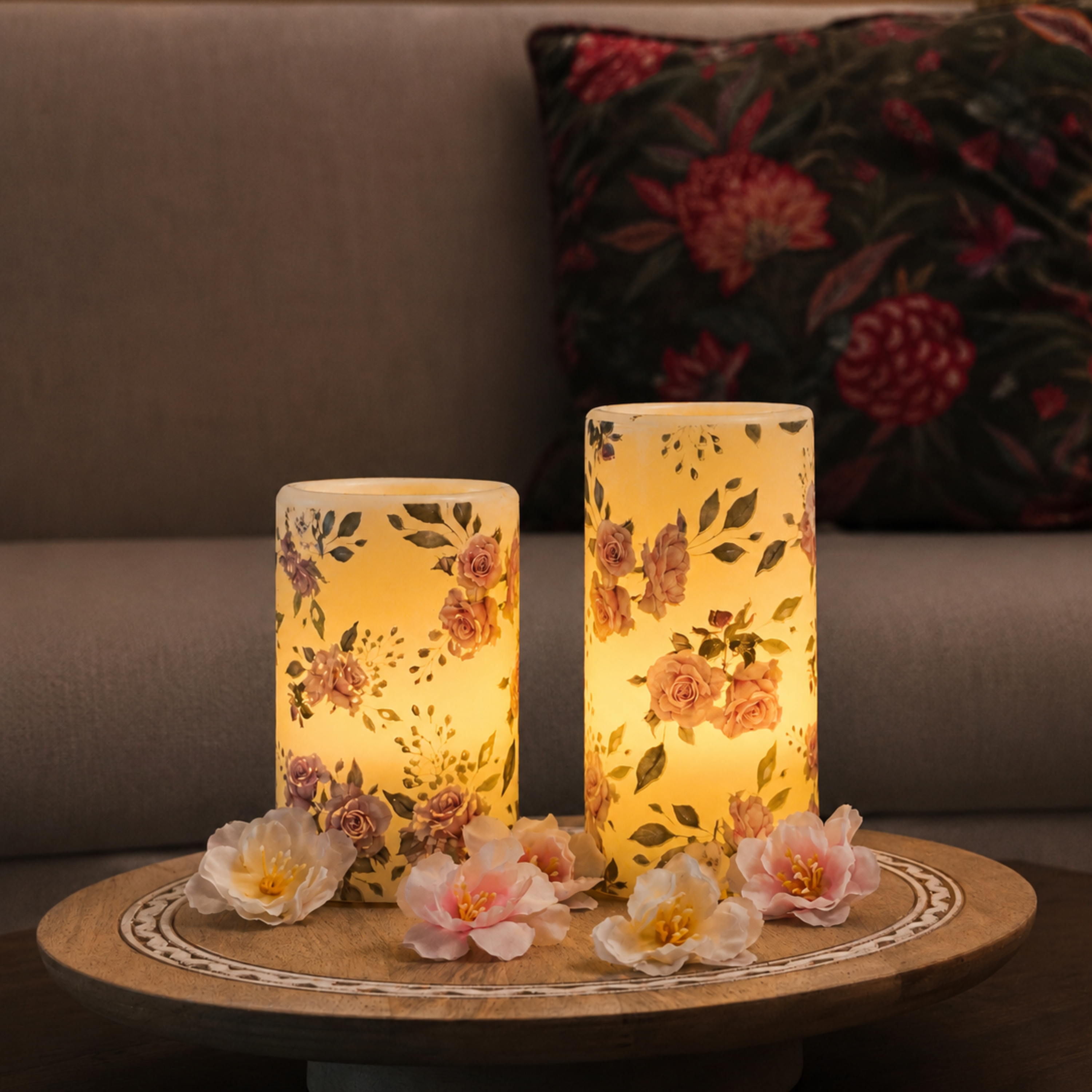 LED Floral Printed Wax Coated Pillar Candle