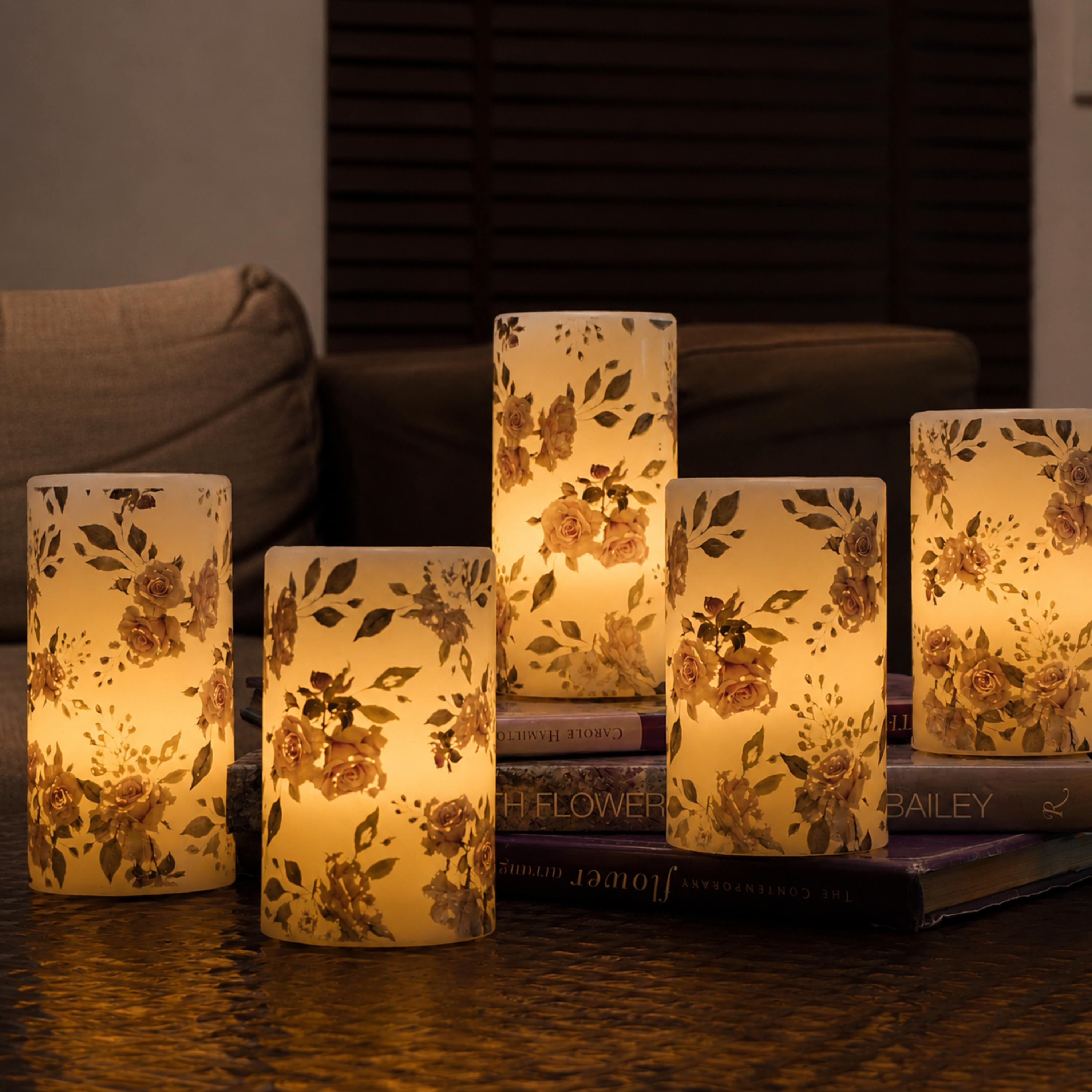 LED Floral Printed Wax Coated Pillar Candle