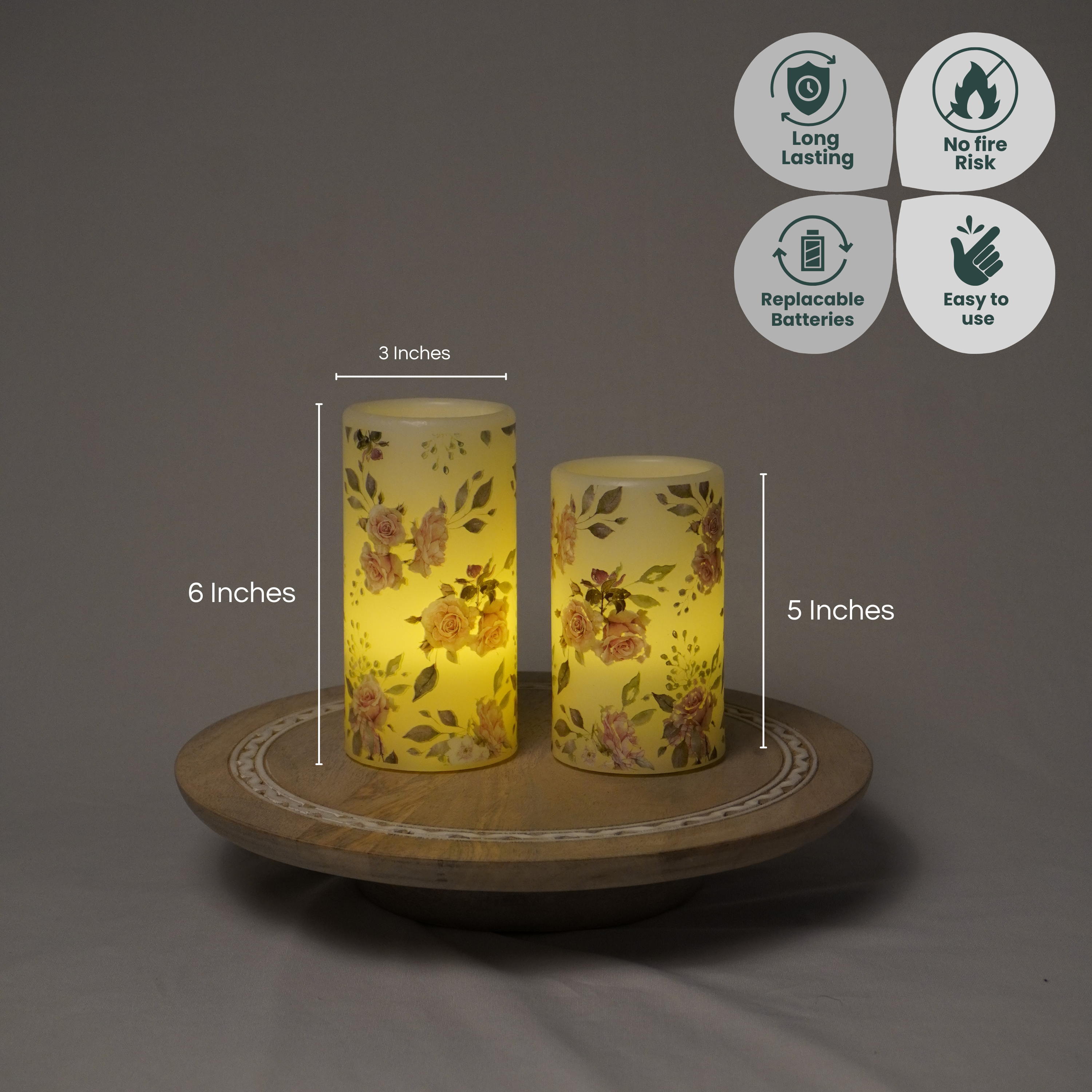 LED Floral Printed Wax Coated Pillar Candle