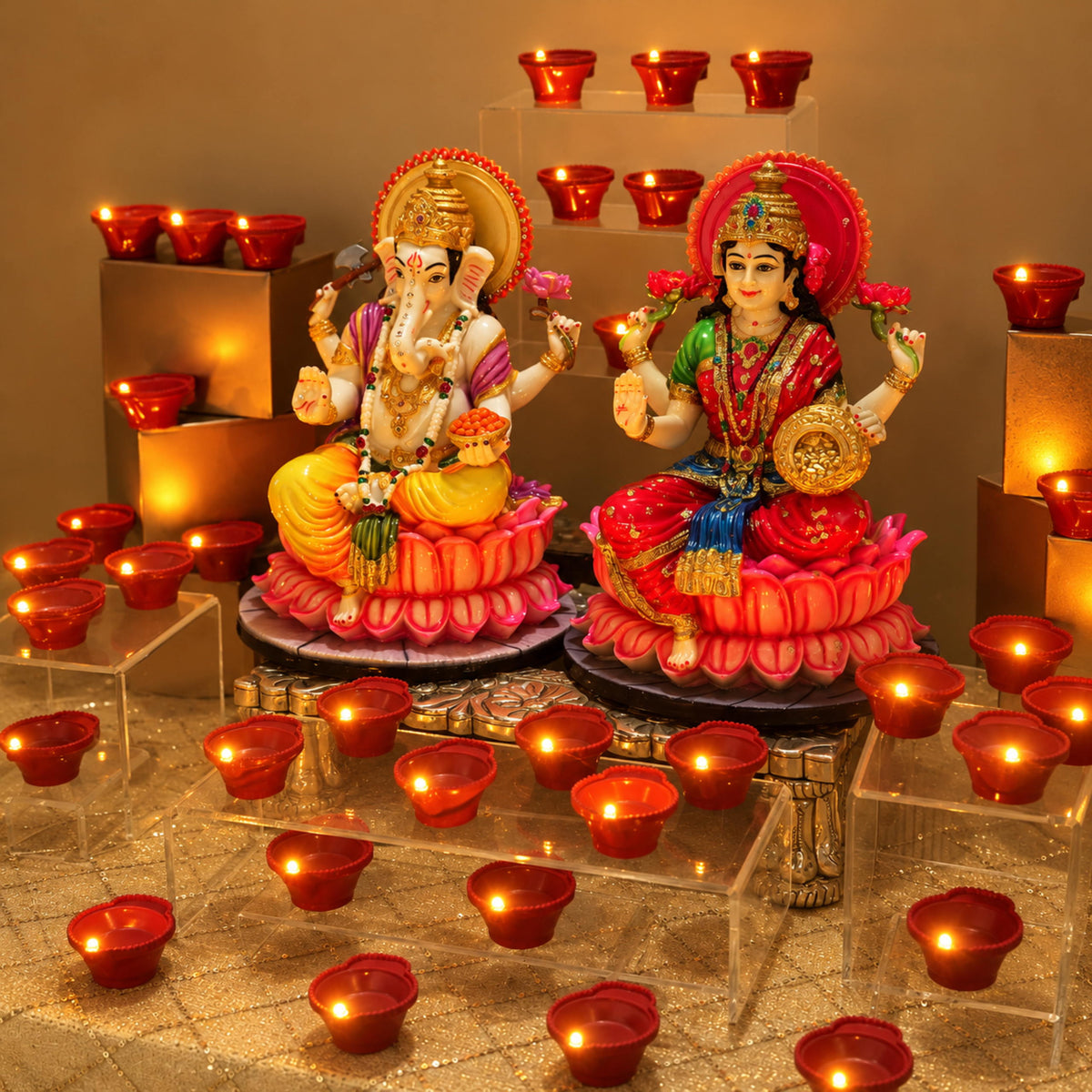Red LED diyas glowing in rows beside the idols with more raised on gold boxes behind