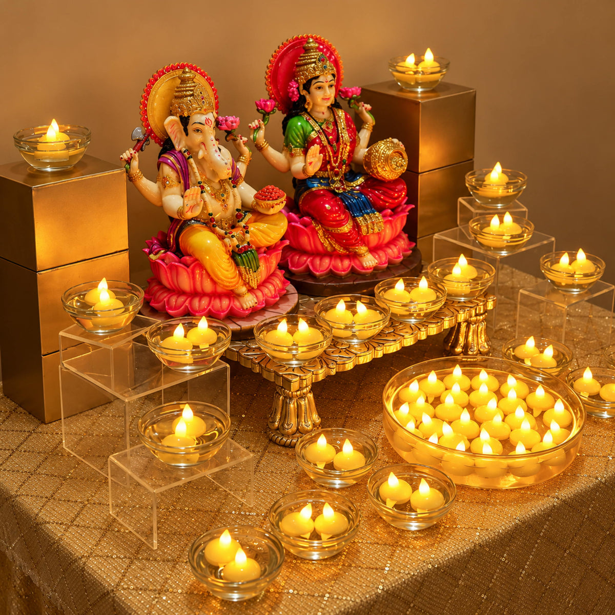 Close view of the floating candles glowing on the water in the central urli