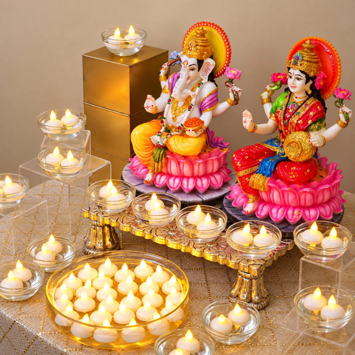 Navratri and Diwali special floating candles filling the pooja table with light