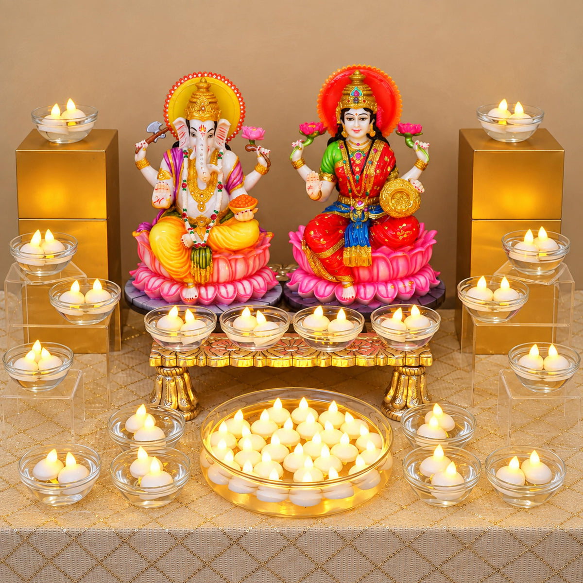 LED floating candles two and three to a bowl stepped at different heights beside the idols