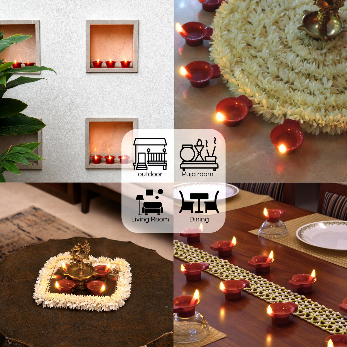 Big flame LED diyas used outdoors, in the puja room, the living room and on the dining table