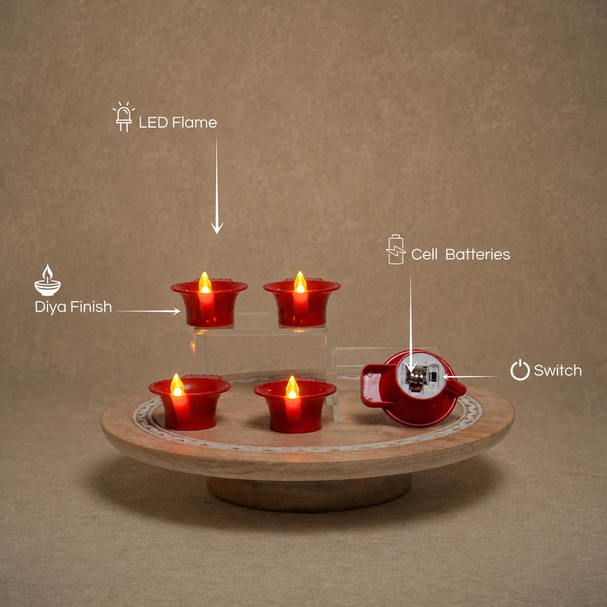 LED diya features, the LED flame, diya finish, cell batteries and switch underneath