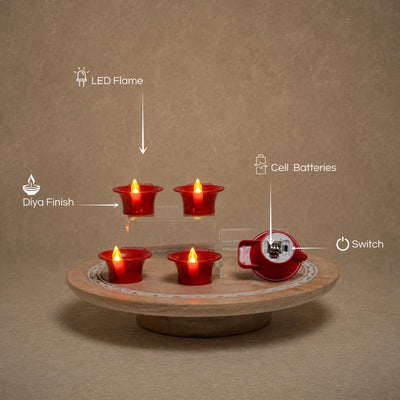 LED diya features, the LED flame, diya finish, cell batteries and switch underneath