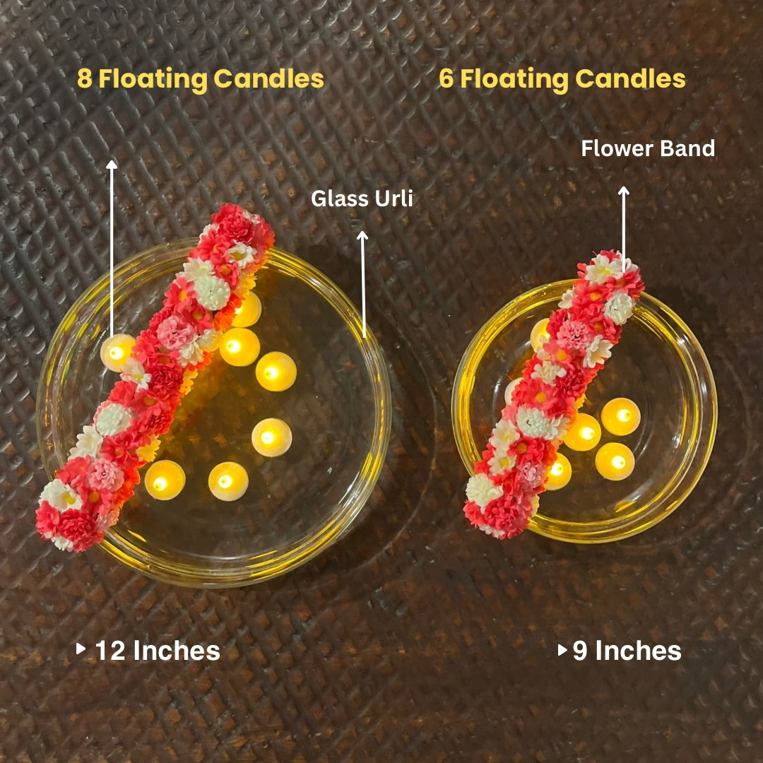 Glass Urli with Artificial Flowers and LED Floating Candles