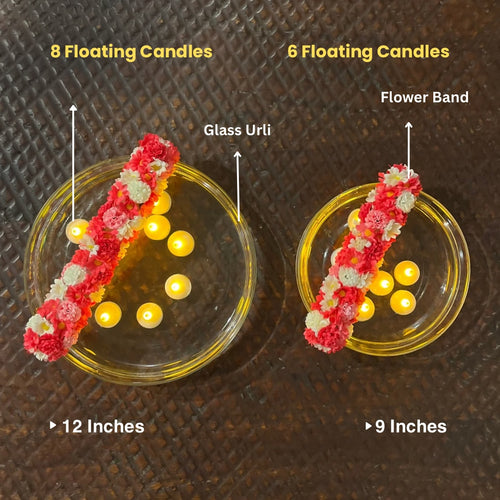 Glass Urli with Artificial Flowers and LED Floating Candles