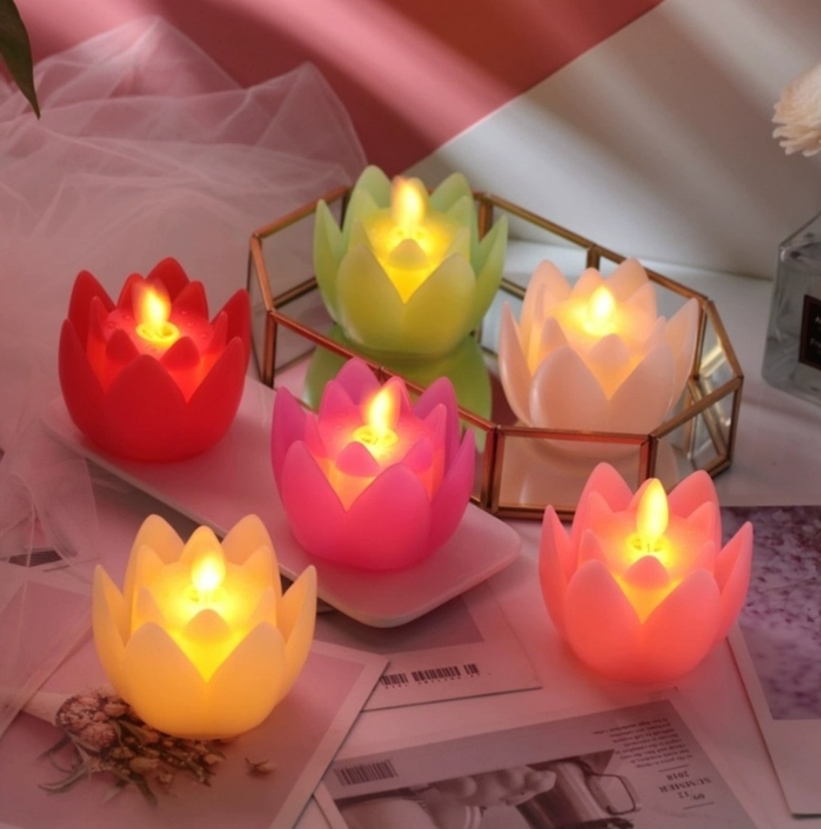 Colourful Lotus LED Candles Set of 6 (Flickering Flame)