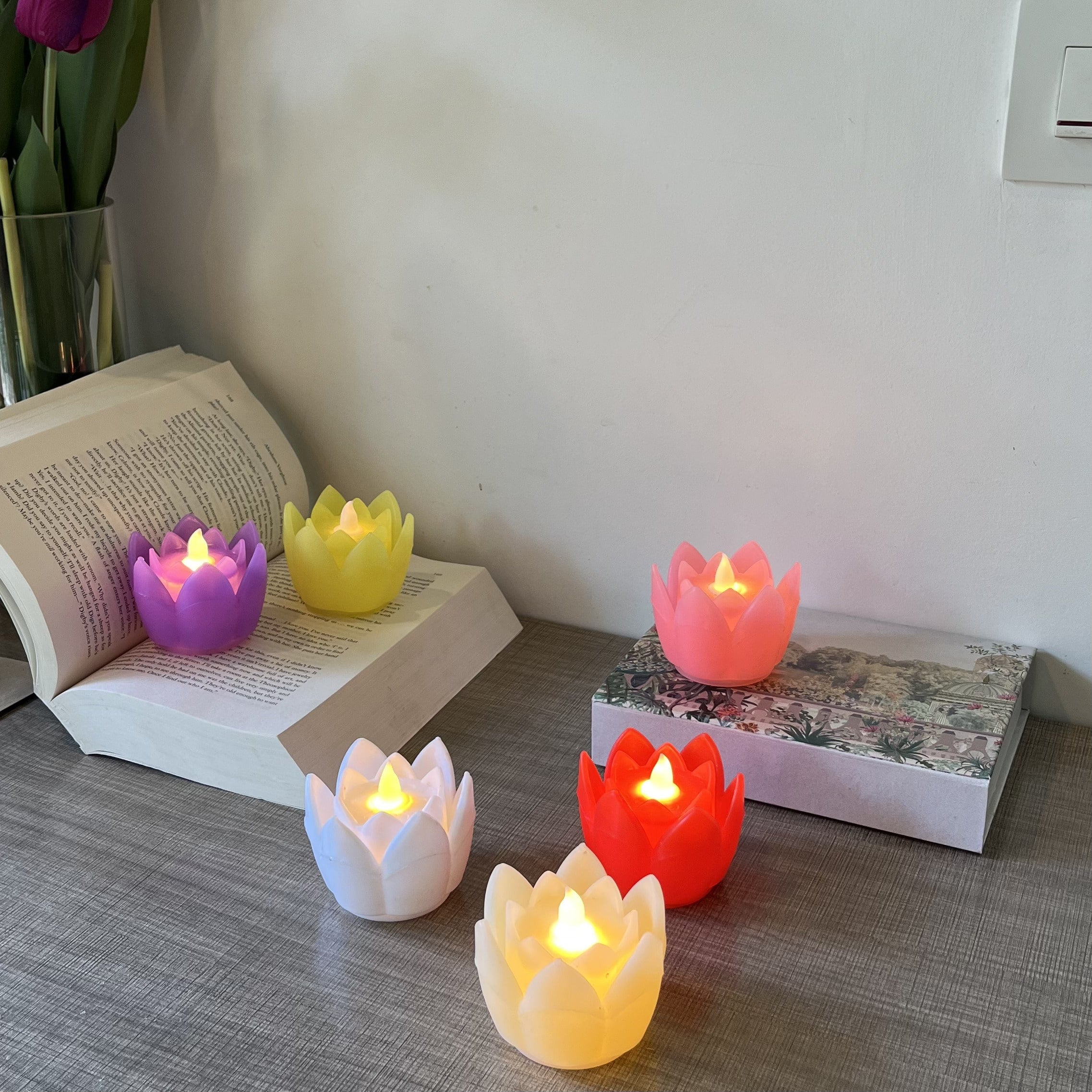 Colourful Lotus LED Candles Set of 6 (Non Flickering Flame)