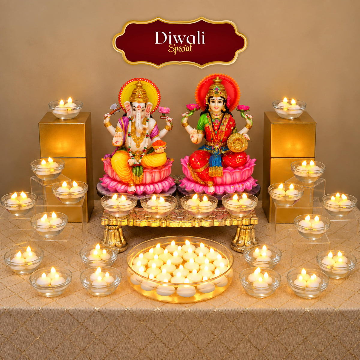 Diwali Special LED floating candles in glass bowls and a large urli around Lakshmi and Ganesh idols