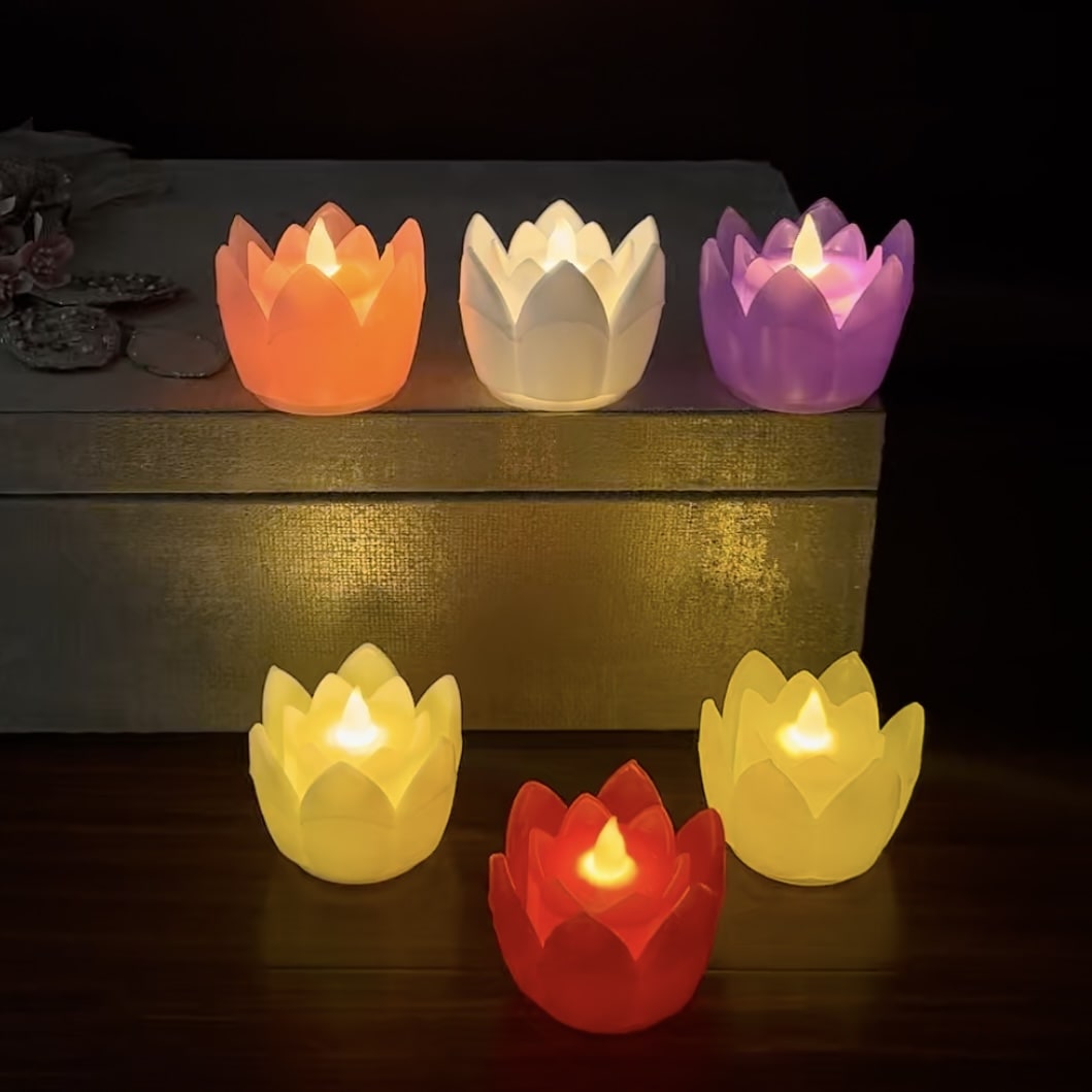 Colourful Lotus LED Candles Set of 6 (Non Flickering Flame)