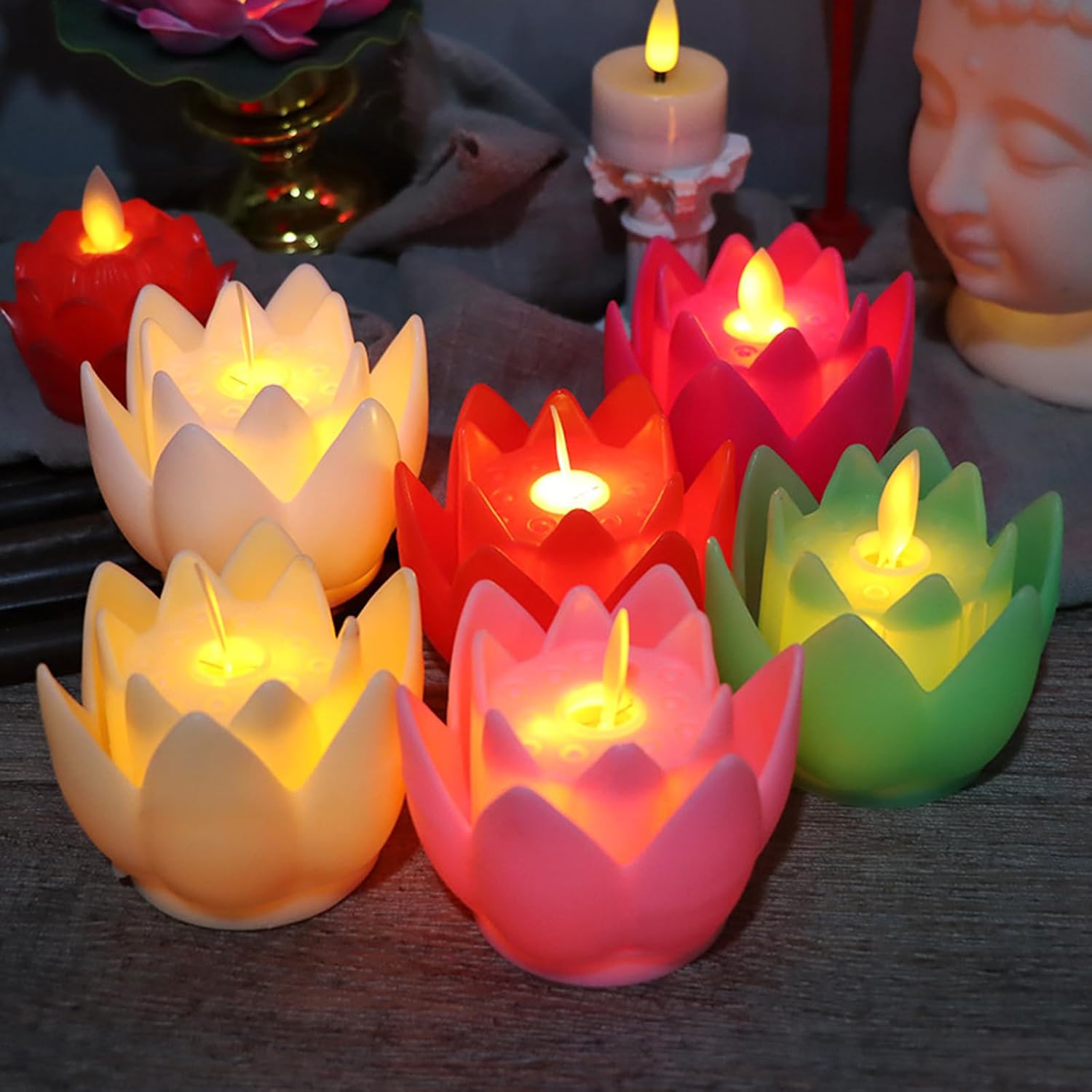 Colourful Lotus LED Candles Set of 6 (Flickering Flame)