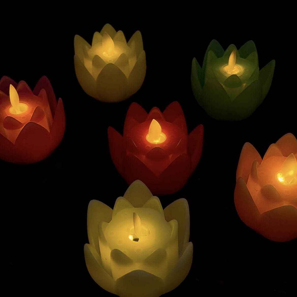 Colourful Lotus LED Candles Set of 6 (Flickering Flame)