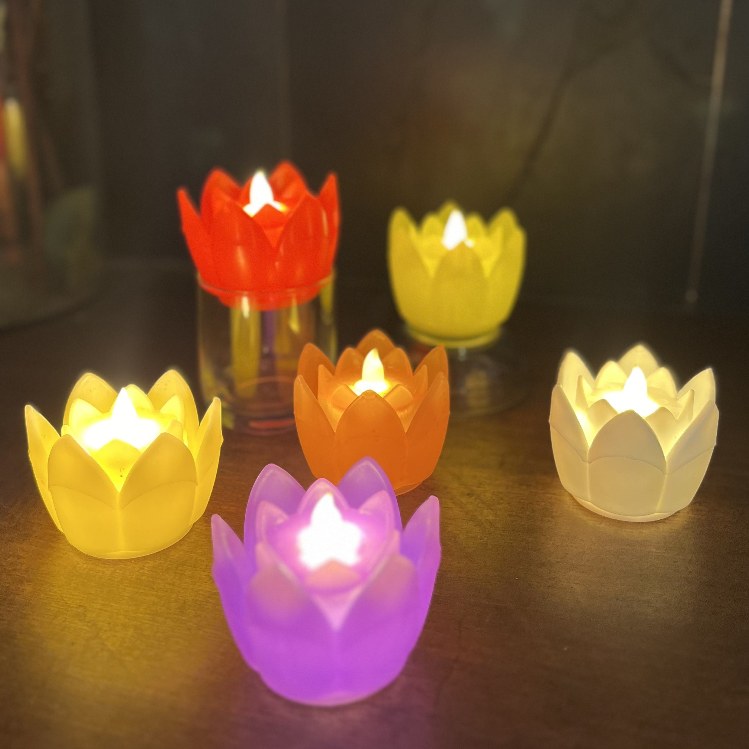 Colourful Lotus LED Candles Set of 6 (Non Flickering Flame)