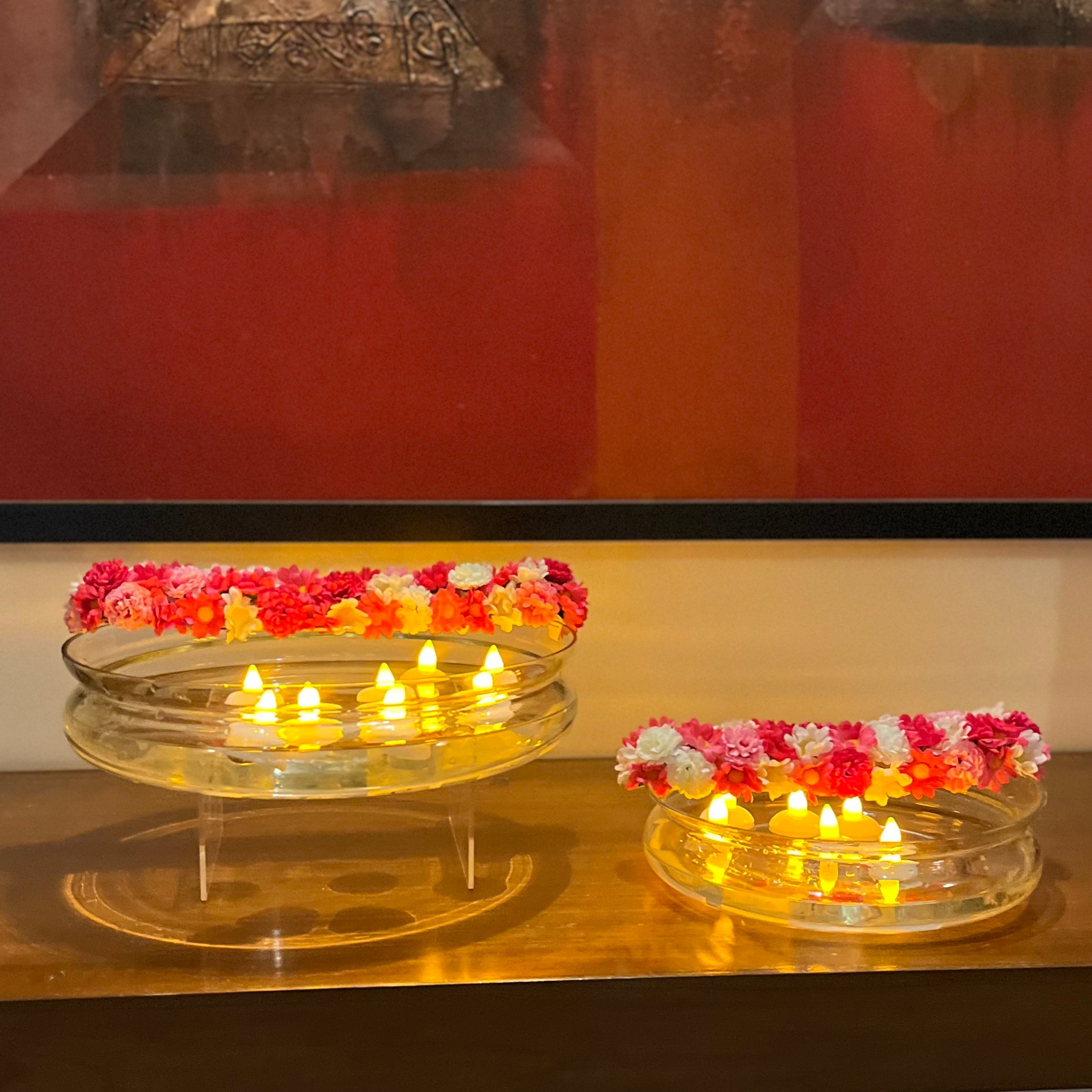 Glass Urli with Artificial Flowers and LED Floating Candles