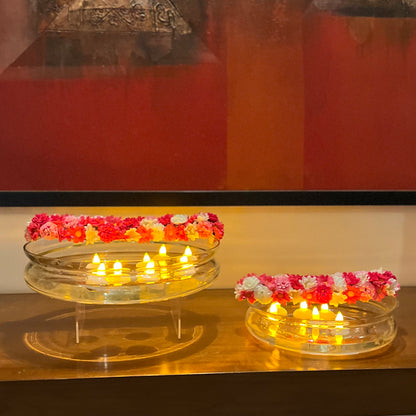 Glass Urli with Artificial Flowers and LED Floating Candles