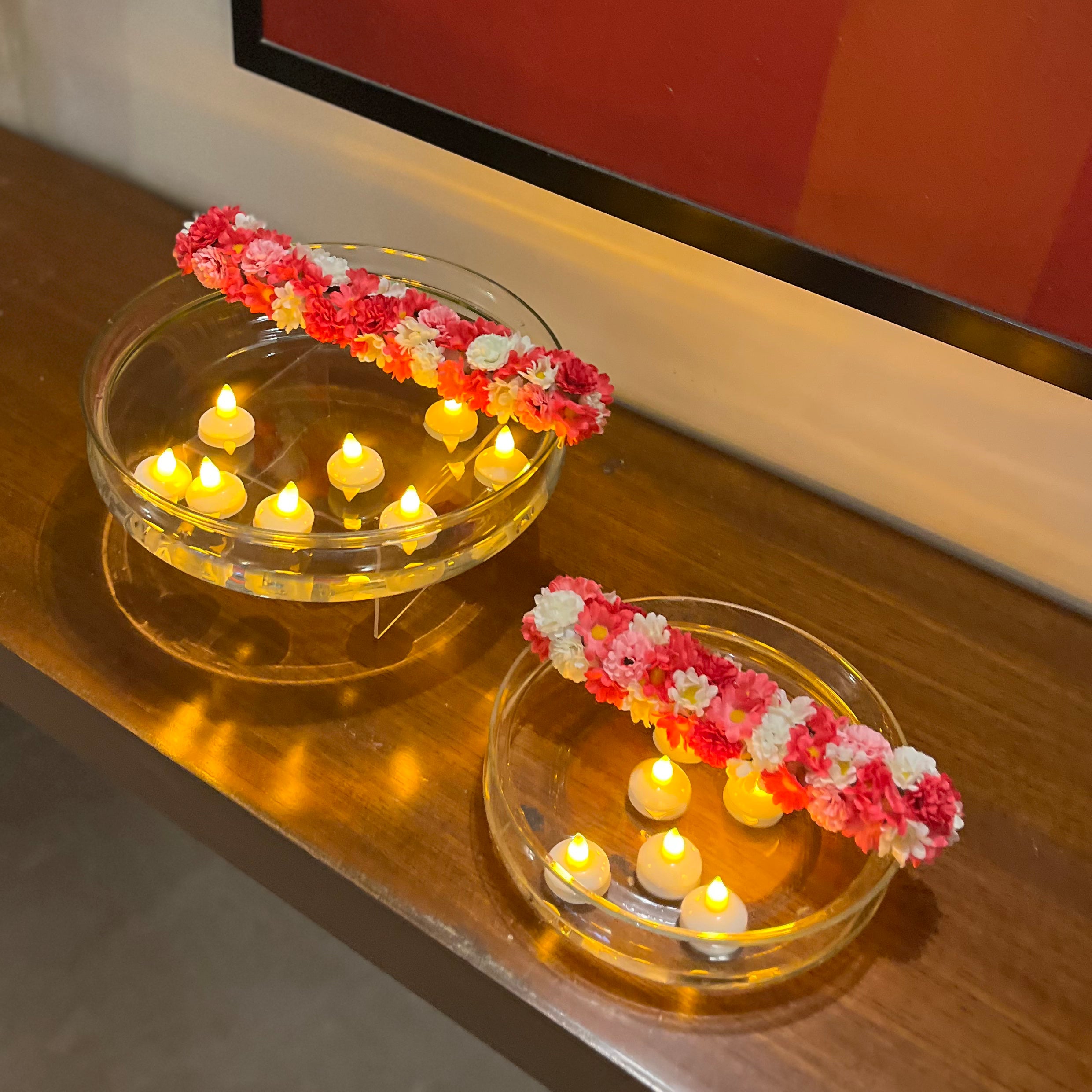 Glass Urli with Artificial Flowers and LED Floating Candles