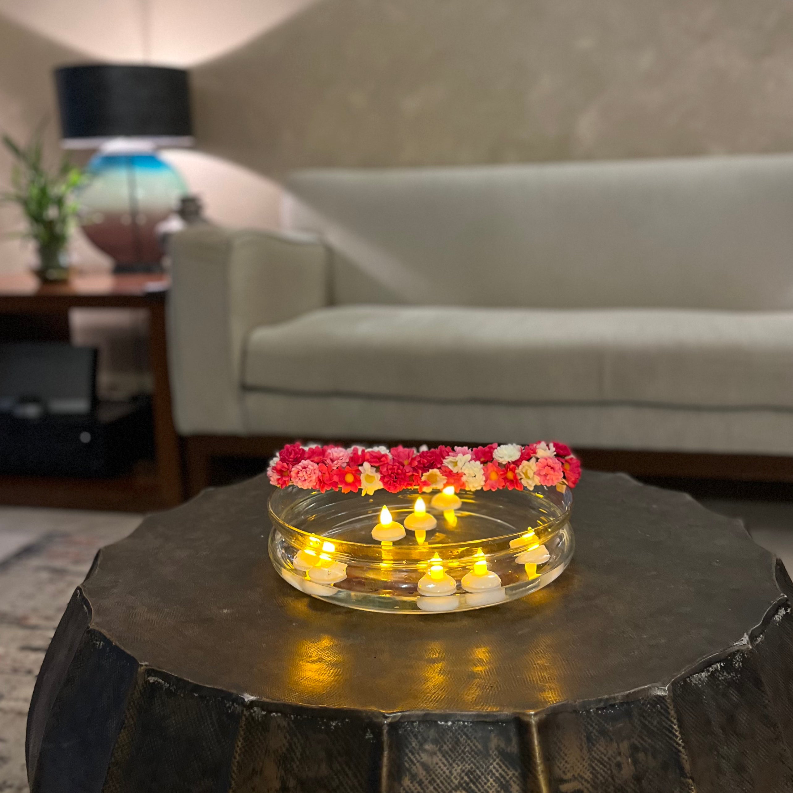 Glass Urli with Artificial Flowers and LED Floating Candles