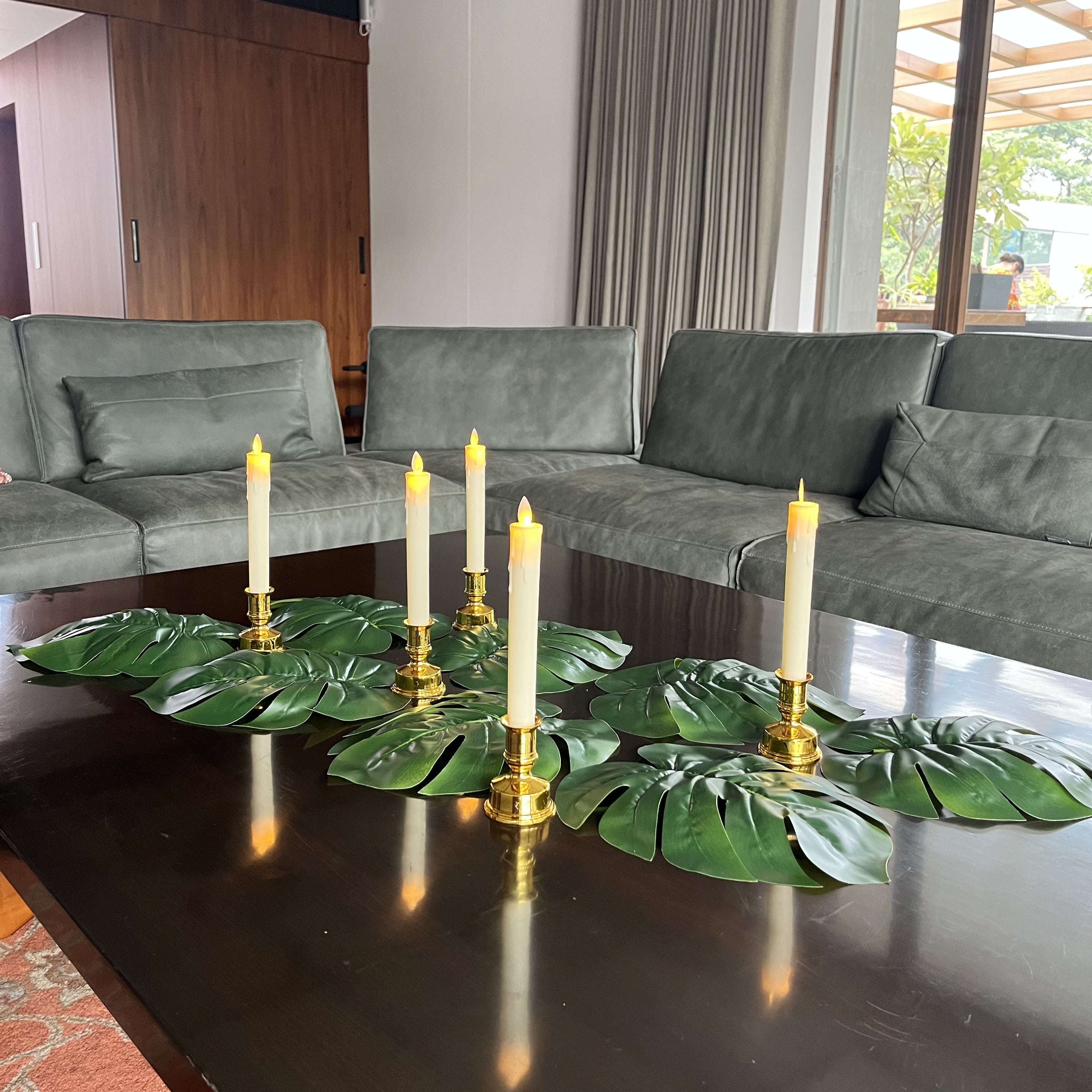 Monstera Leaves + LED Candles Set