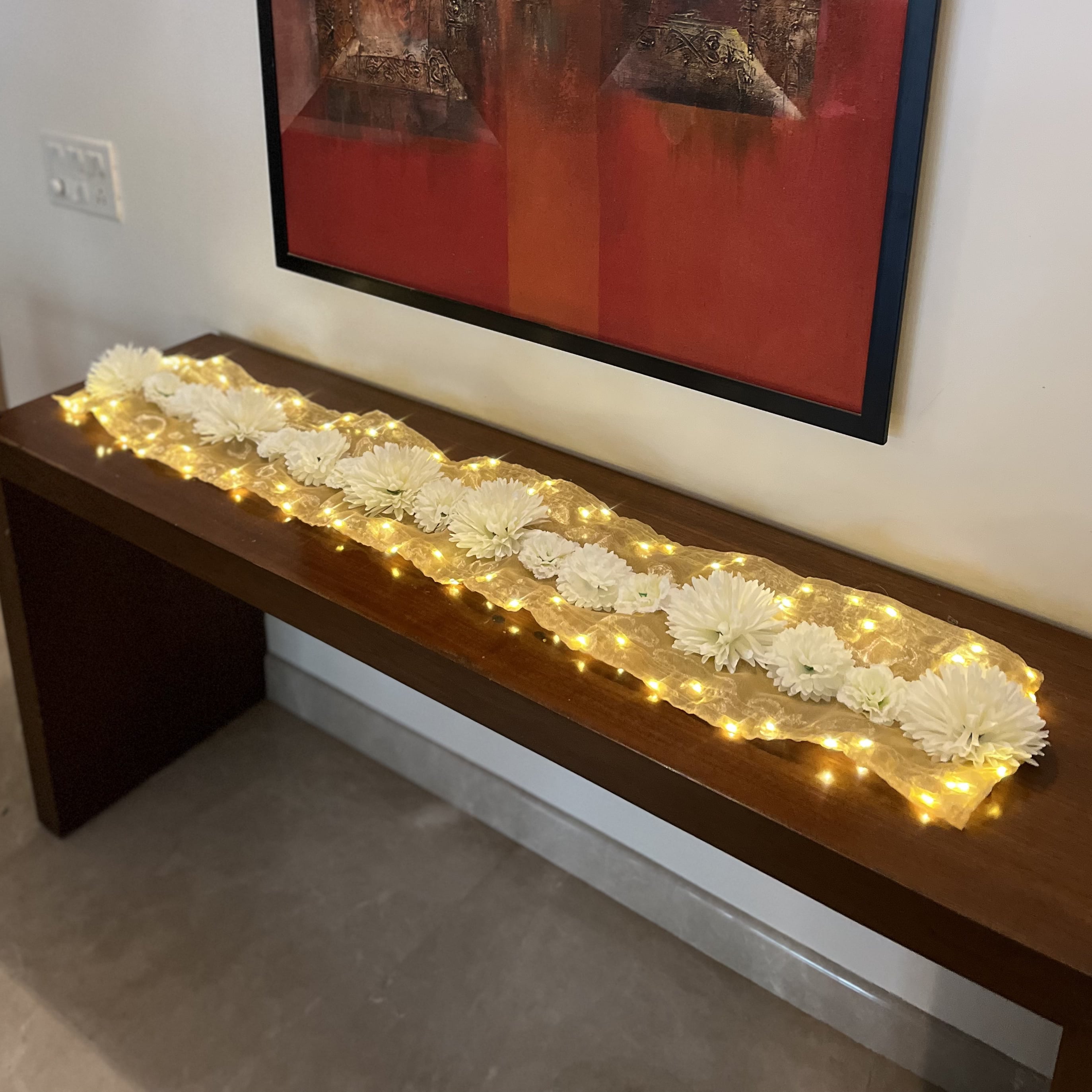 Floral Runner with Organza Fabric and Fairy Lights (Battery Operated) - 62inch length