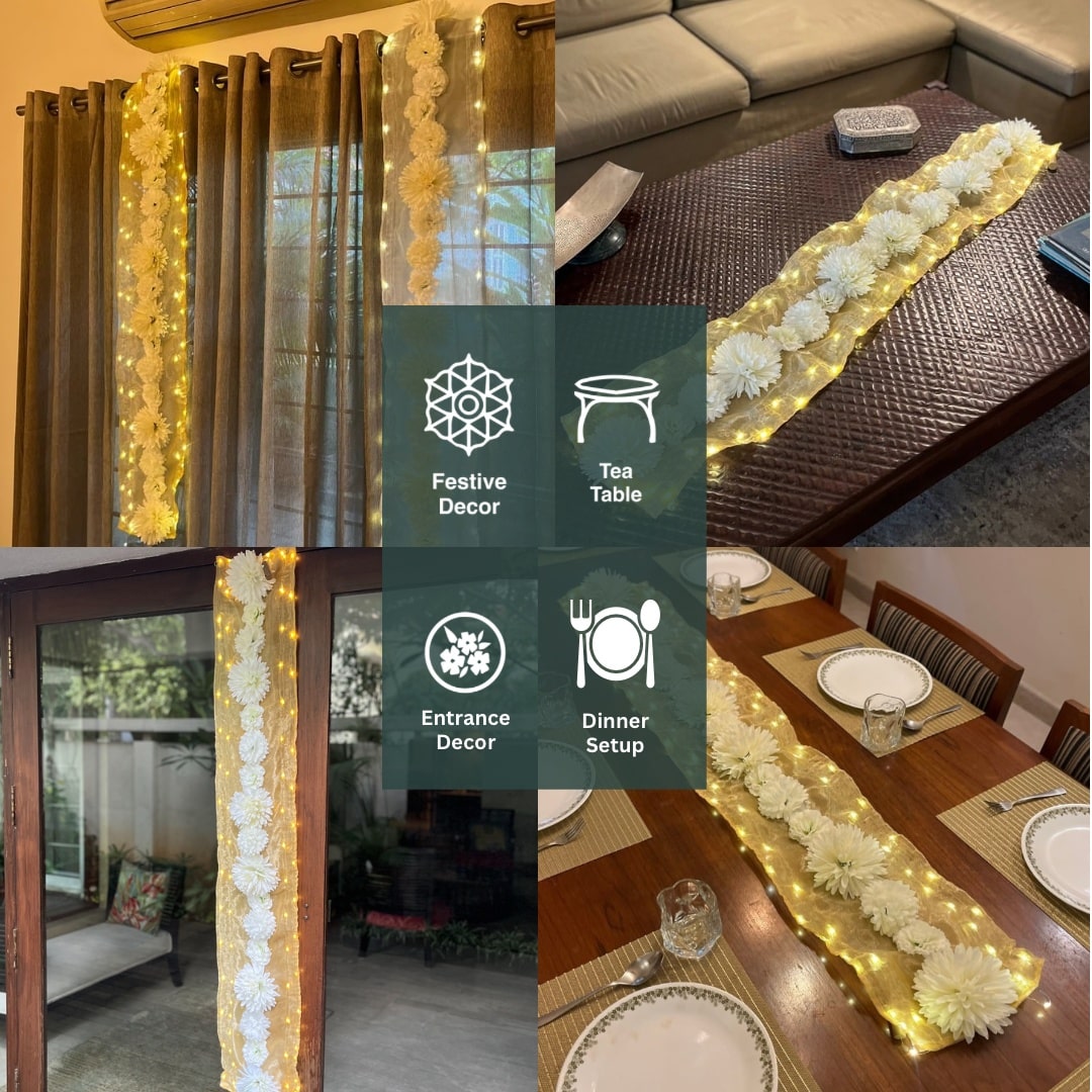 Floral Runner with Organza Fabric and Fairy Lights (Battery Operated) - 62inch length