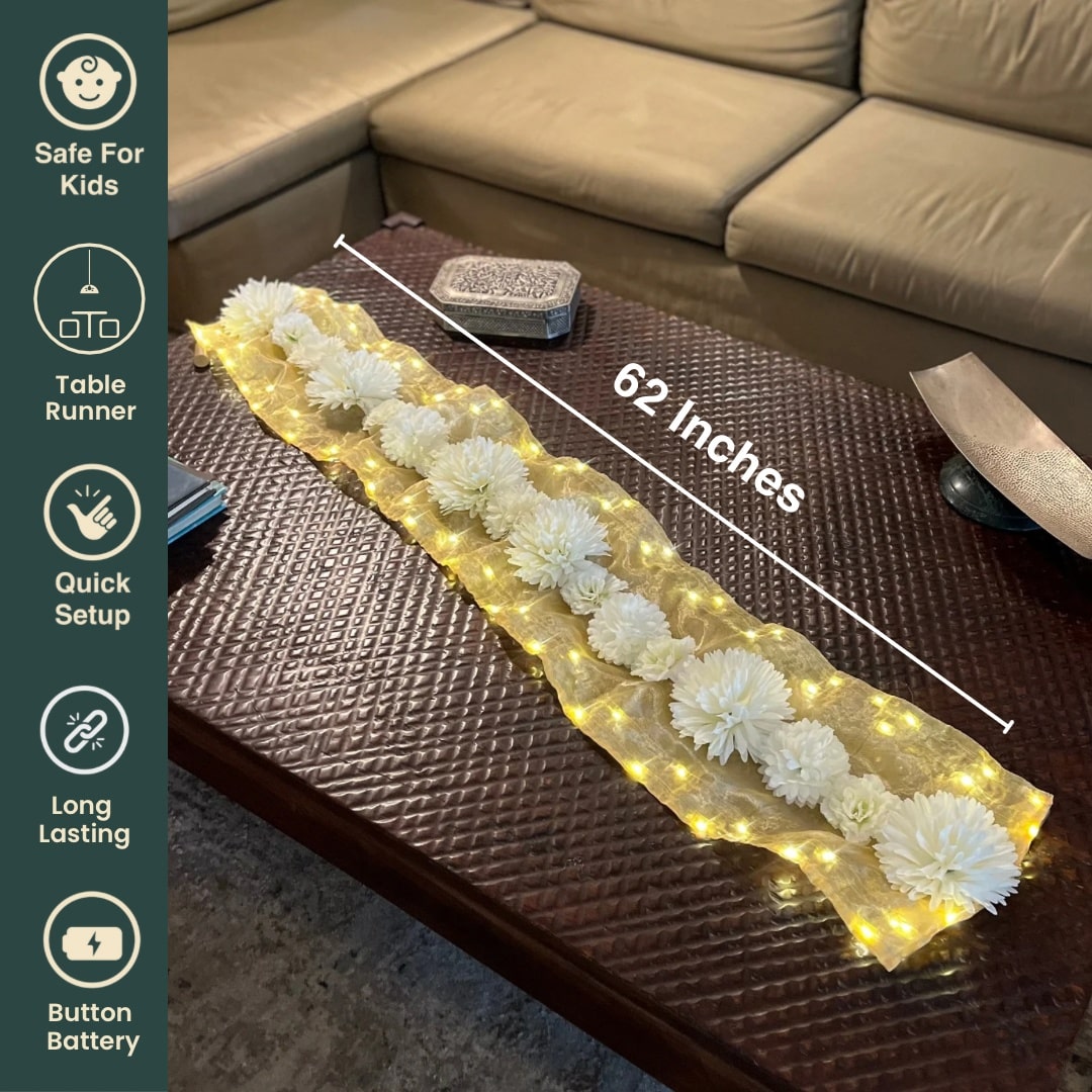 Floral Runner with Organza Fabric and Fairy Lights (Battery Operated) - 62inch length