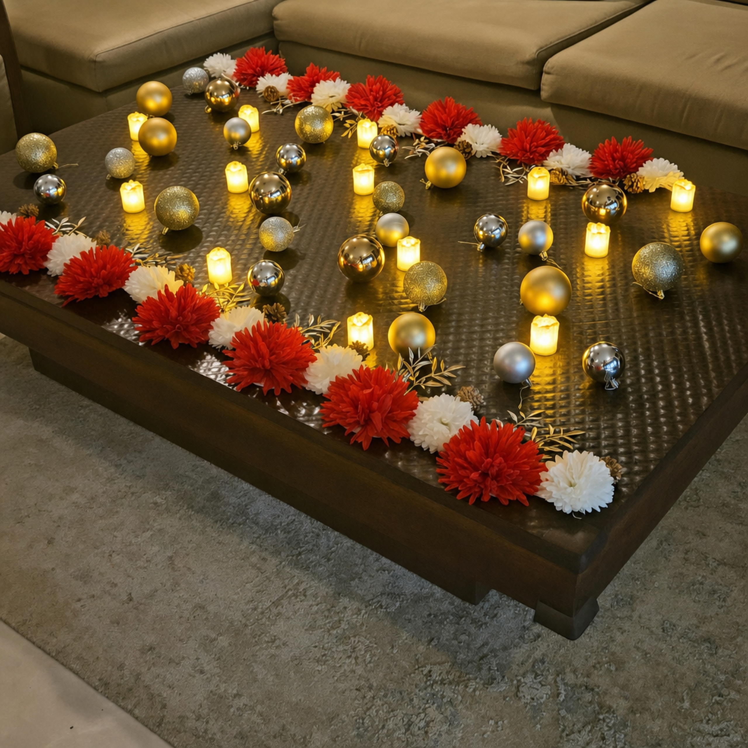 Coffee table with the red and white flower runner and gold baubles