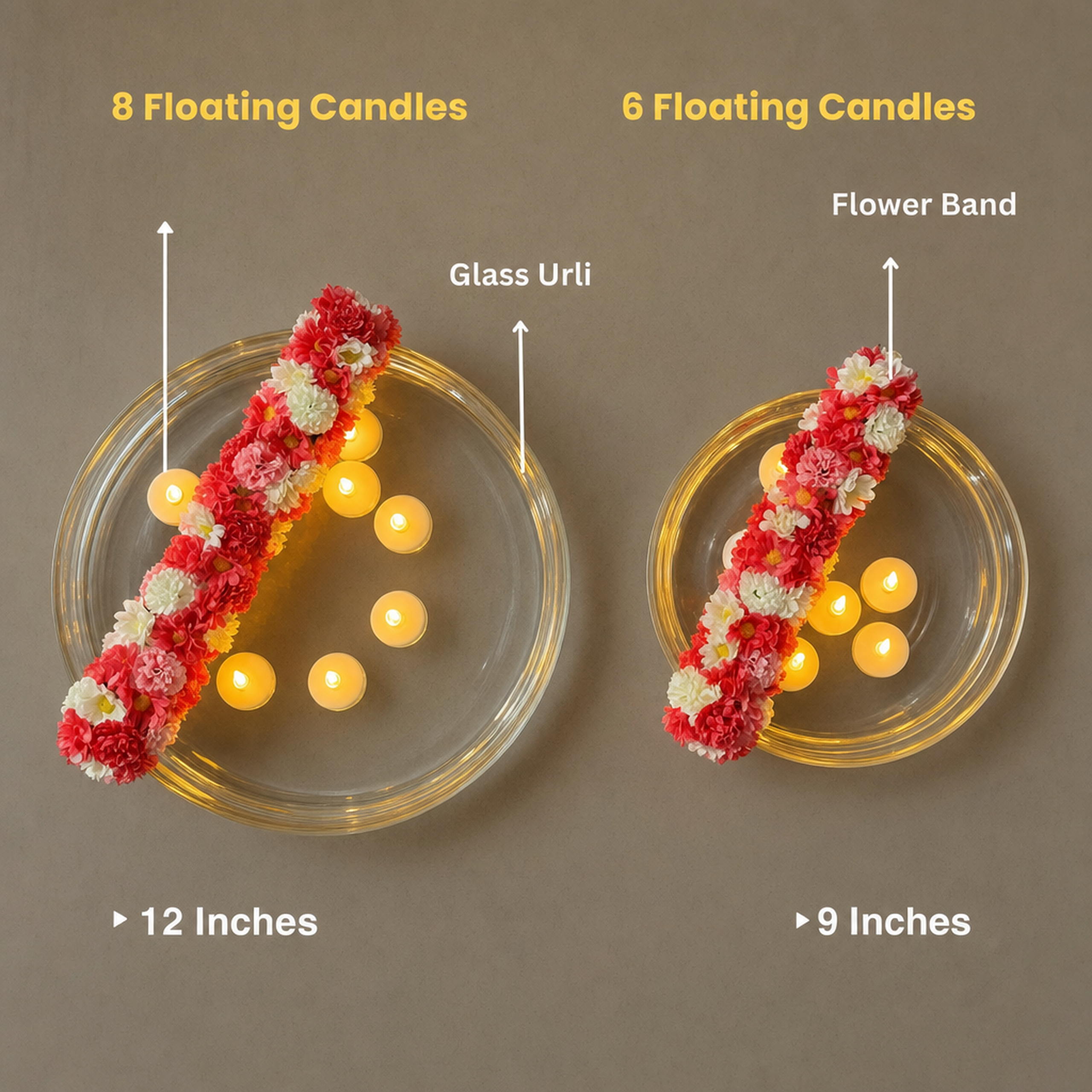 Glass Urli with Artificial Flowers and LED Floating Candles