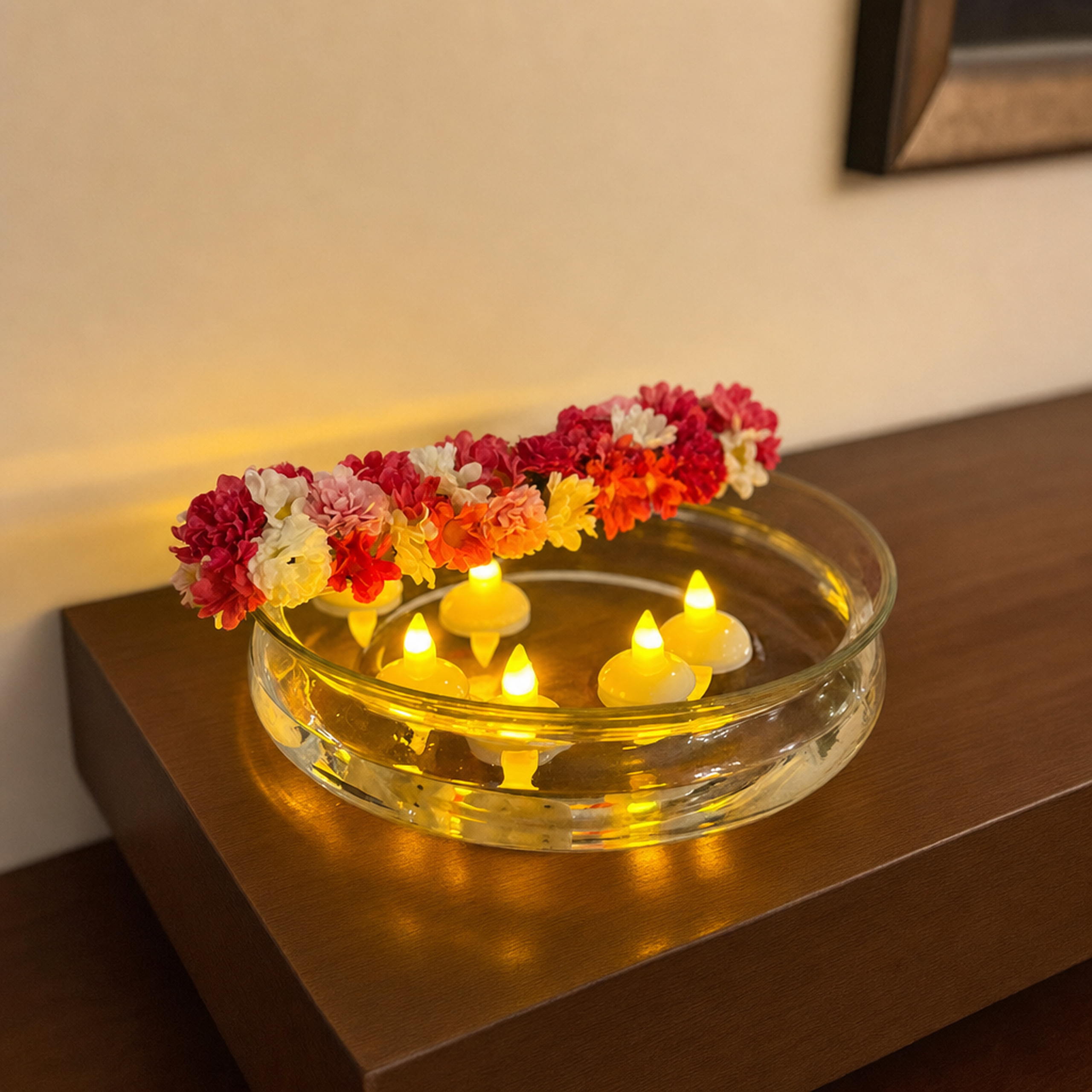 Glass Urli with Artificial Flowers and LED Floating Candles