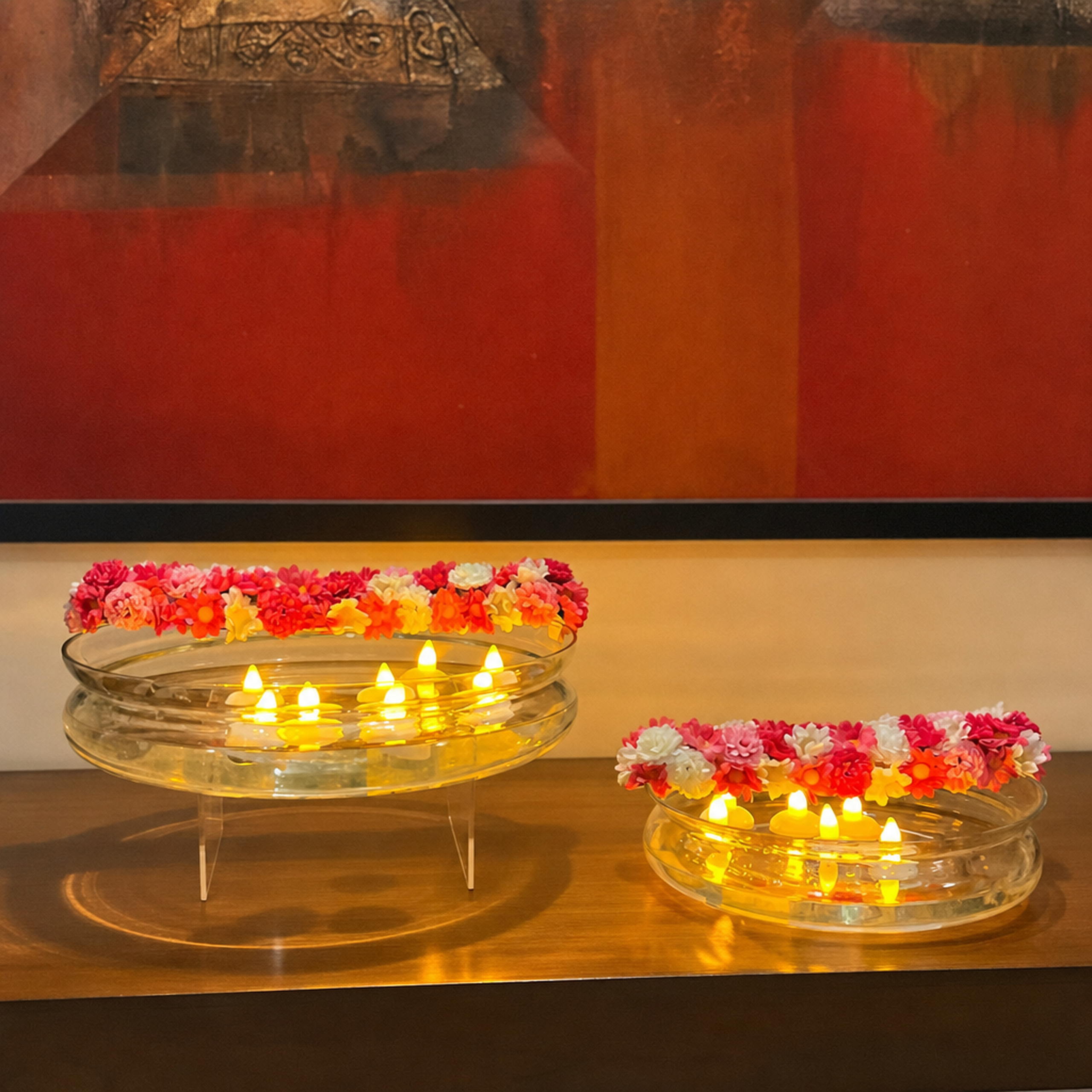 Glass Urli with Artificial Flowers and LED Floating Candles