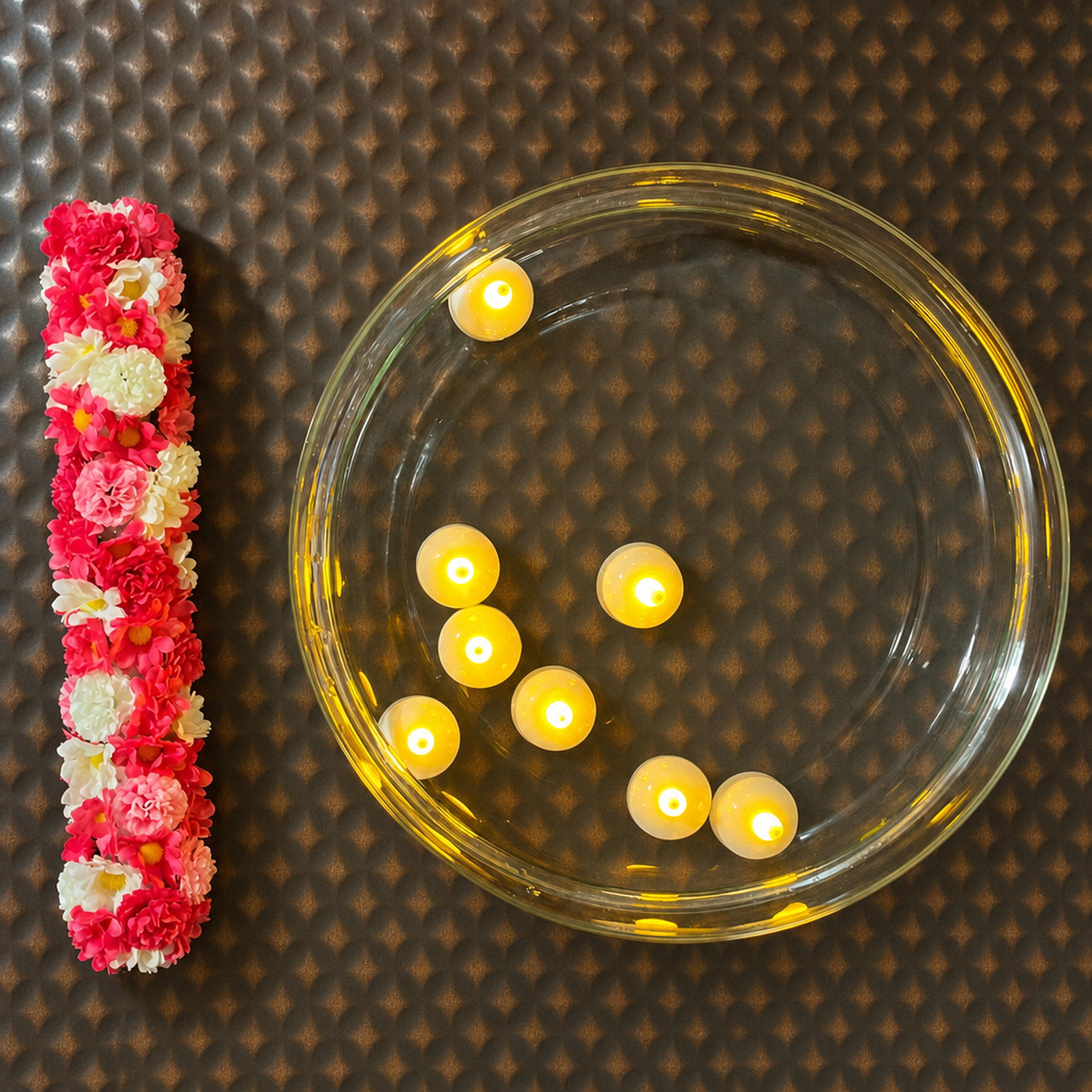 Glass Urli with Artificial Flowers and LED Floating Candles