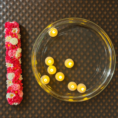 Glass Urli with Artificial Flowers and LED Floating Candles