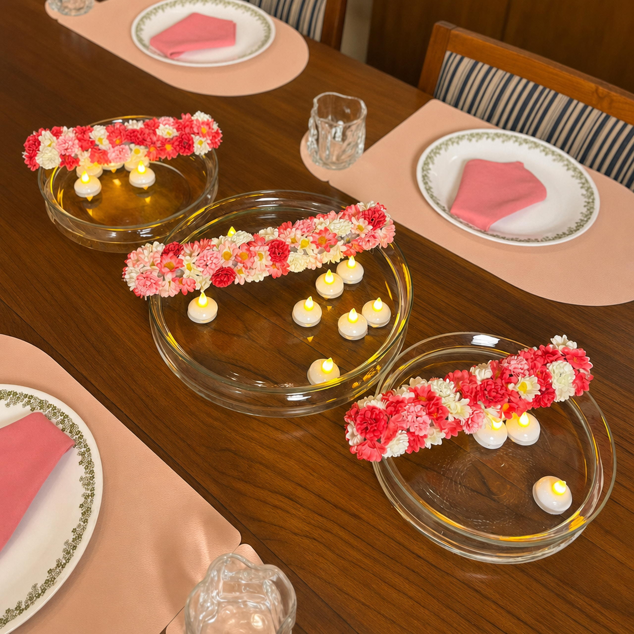 Glass Urli with Artificial Flowers and LED Floating Candles