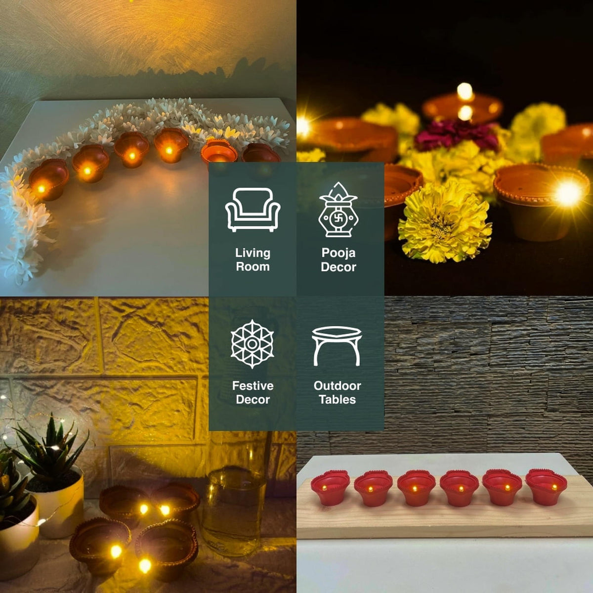 Small flame LED diyas grouped together and glowing