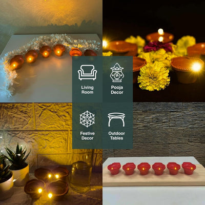 Small flame LED diyas grouped together and glowing