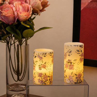 LED Floral Printed Wax Coated Pillar Candle