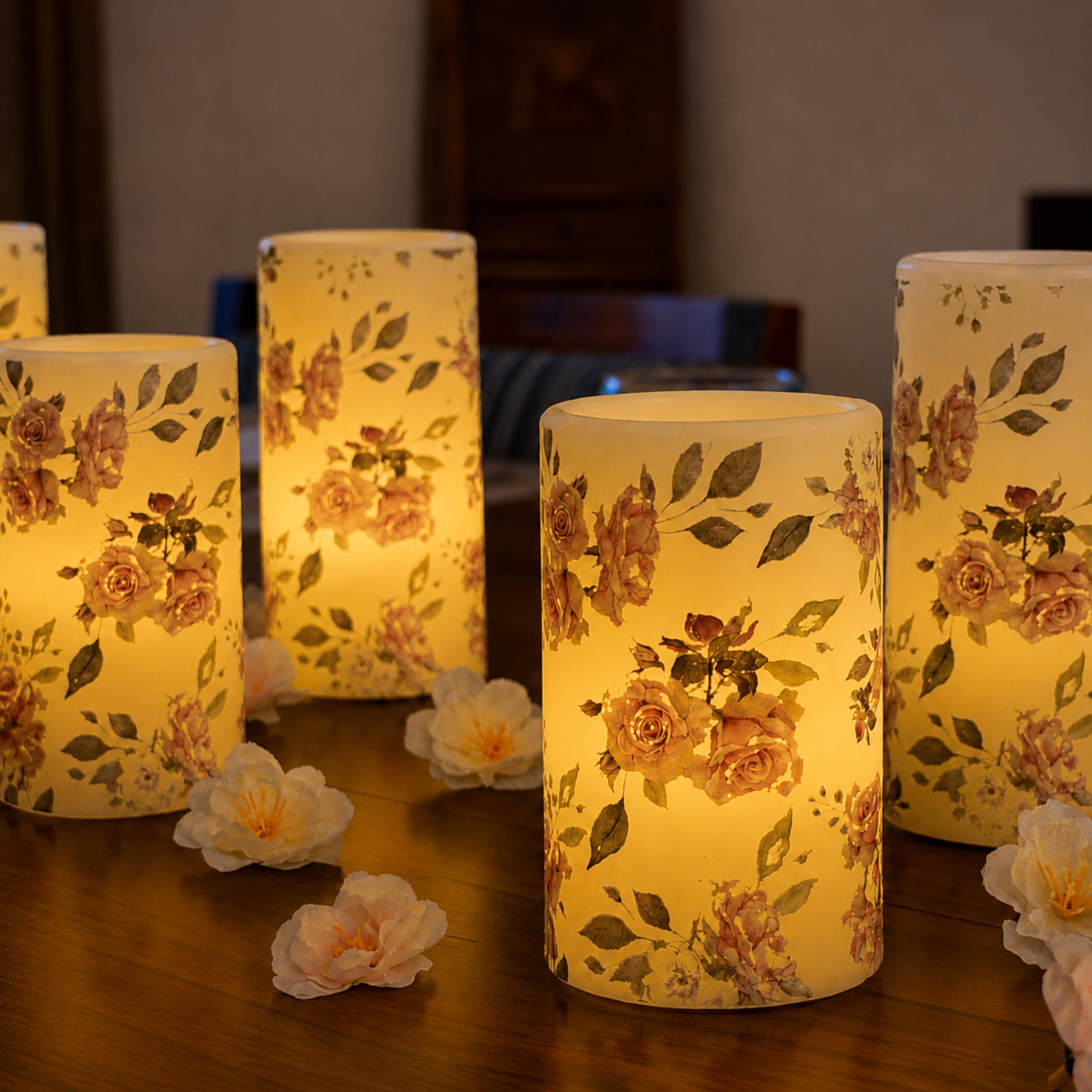 LED Floral Printed Wax Coated Pillar Candle